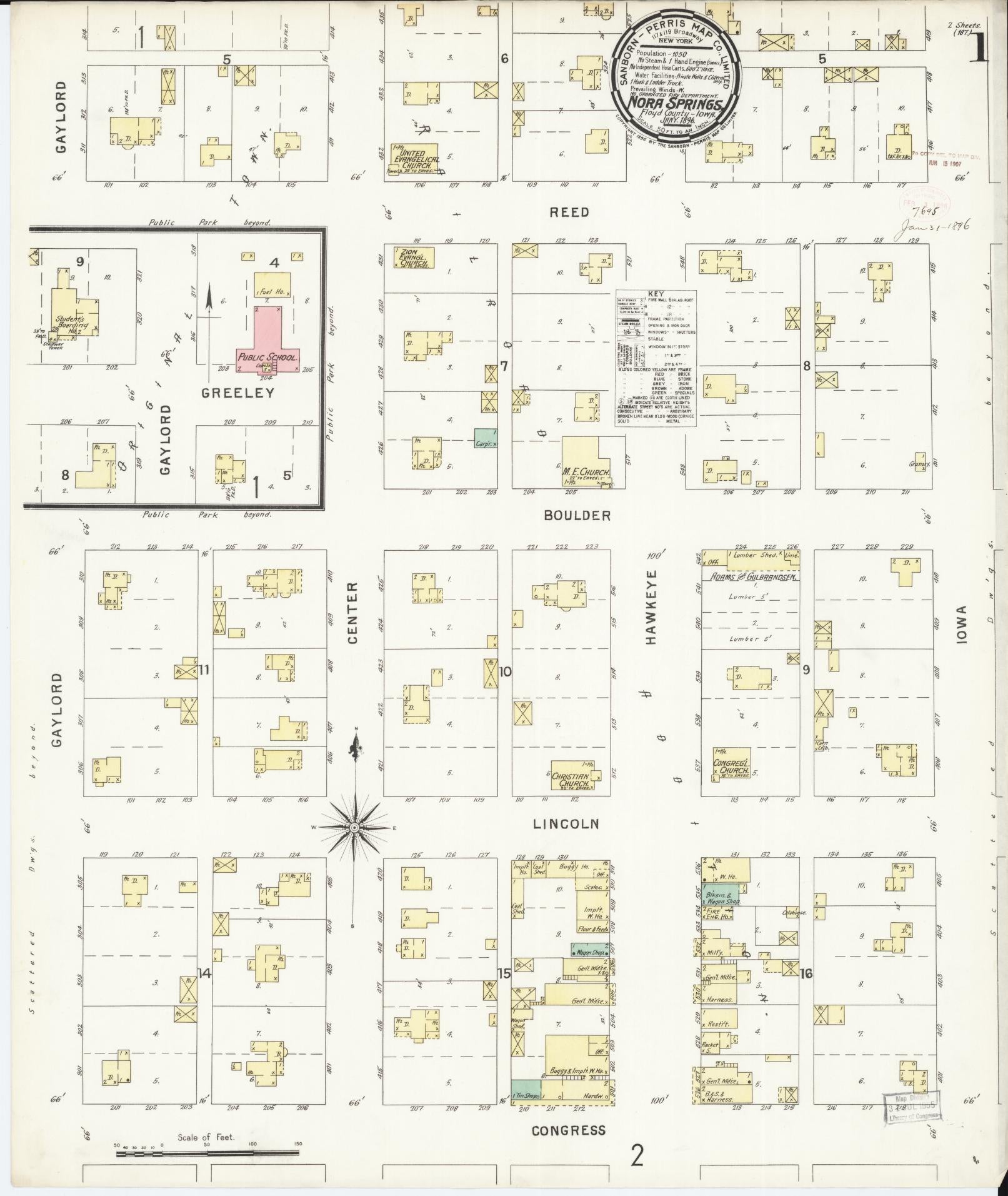 Sanborn Fire Insurance Map from Nora Springs, Floyd County, Iowa (1896), Sheet #0001 - Historic Sanborn Fire Insurance Map Print