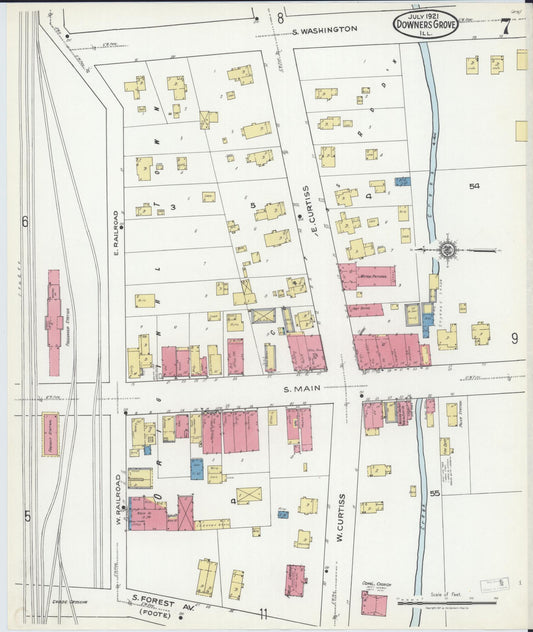 Sanborn Fire Insurance Map from Downers Grove, Dupage County, Illinois (1921), Sheet #0007 - Historic Sanborn Fire Insurance Map Print, vintage old map wall art, antique decor, genealogy gift, Illinois Illinois map