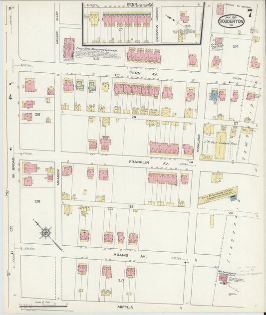 Sanborn Fire Insurance Map from Souderton, Montgomery County, Pennsylvania (1914), Sheet #0007 - Historic Sanborn Fire Insurance Map Print, vintage old map wall art, antique decor, genealogy gift, Pennsylvania Pennsylvania map