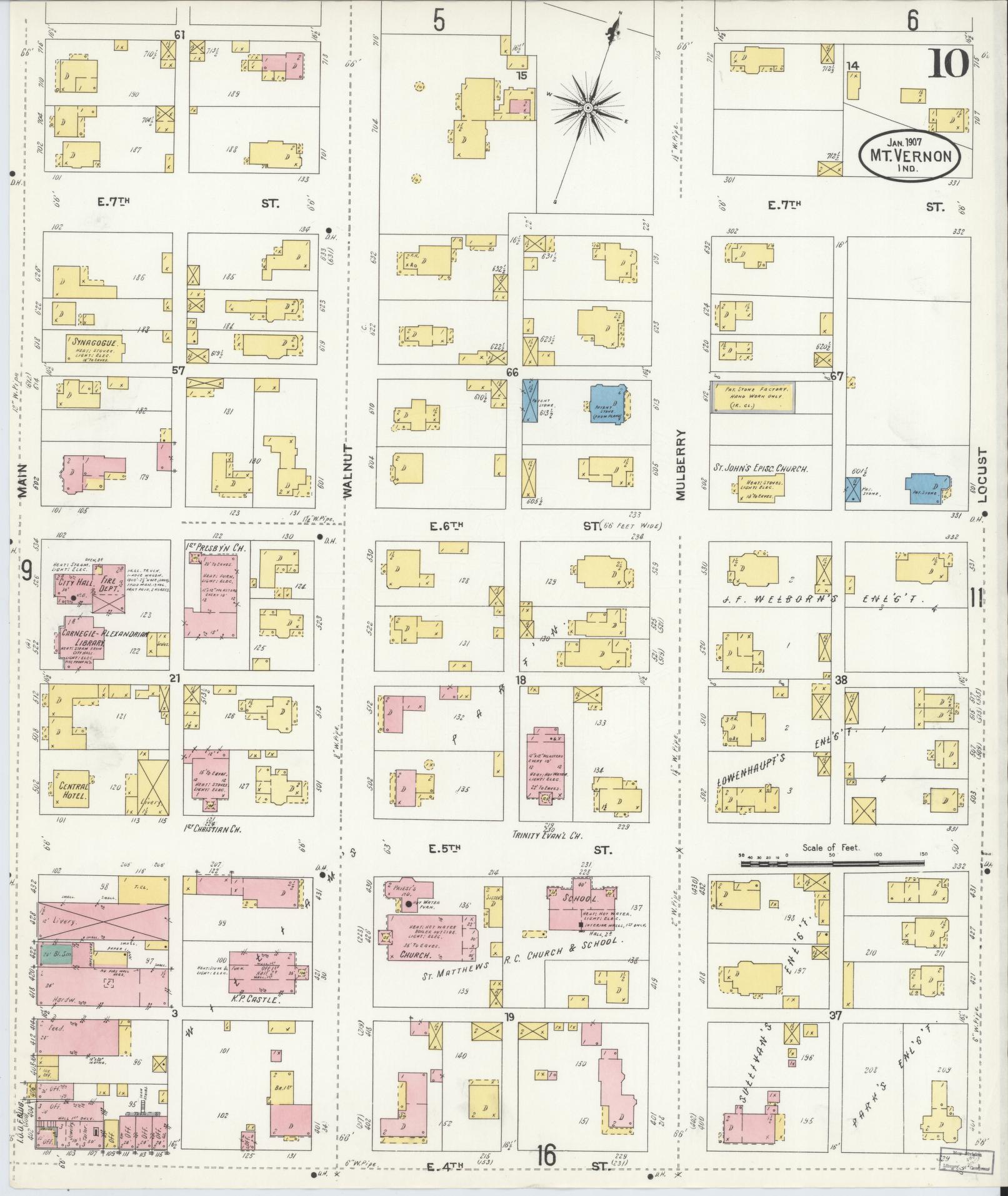 Sanborn Fire Insurance Map from Mount Vernon, Posey County, Indiana (1907), Sheet #0010 - Historic Sanborn Fire Insurance Map Print, vintage old map wall art, antique decor, genealogy gift, Indiana Indiana map