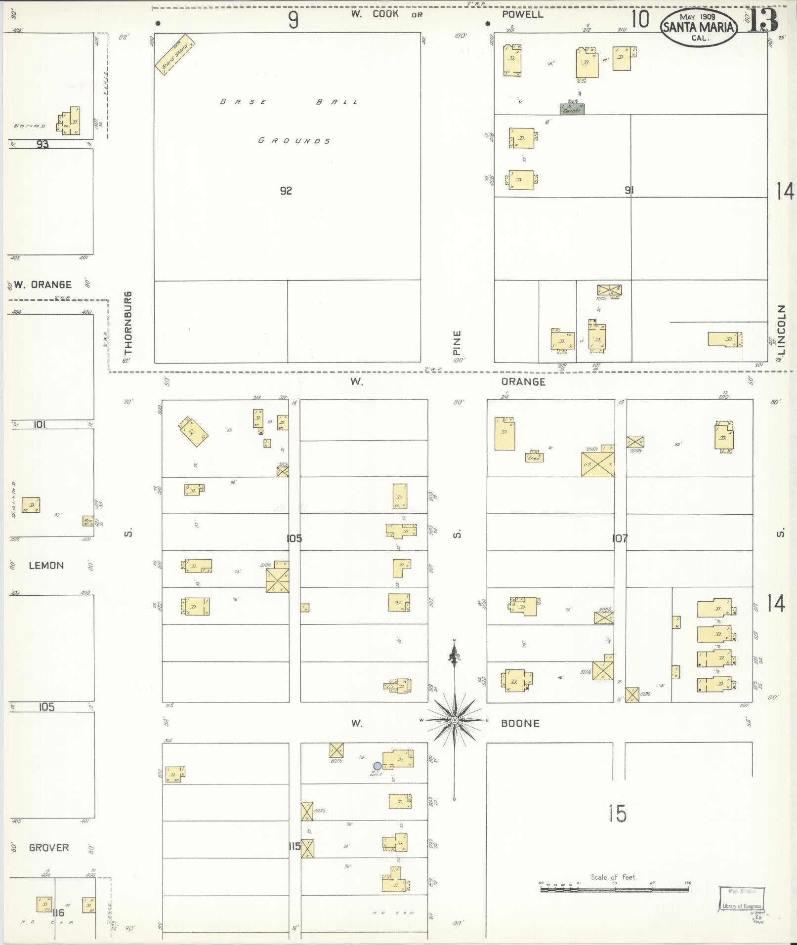 Sanborn Fire Insurance Map from Santa Maria, Santa Barbara County, California (1909), Sheet #0013 - Complete Map Set gallery image, historic Sanborn map, vintage wall art, California California