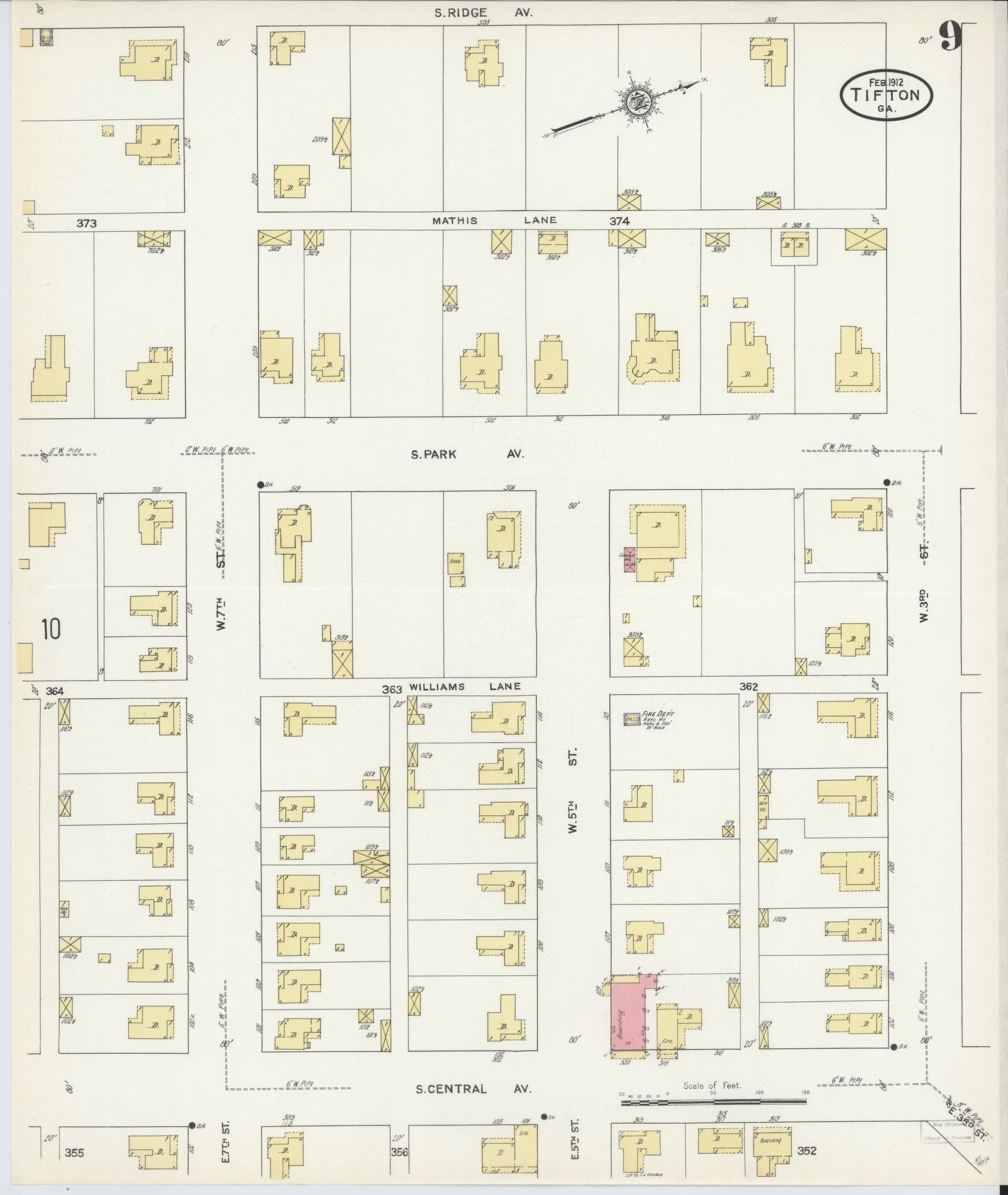 Sanborn Fire Insurance Map from Tifton, Tift County, Georgia (1912), Sheet #0009 - Historic Sanborn Fire Insurance Map Print, vintage old map wall art, antique decor, genealogy gift, Georgia Georgia map