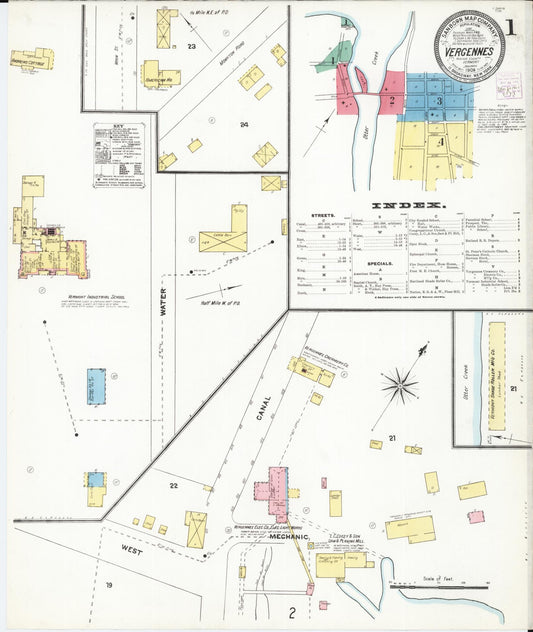 Sanborn Fire Insurance Map from Vergennes, Addison County, Vermont (1905), Sheet #0001 - Complete Map Set gallery image, historic Sanborn map, vintage wall art, Vermont Vermont