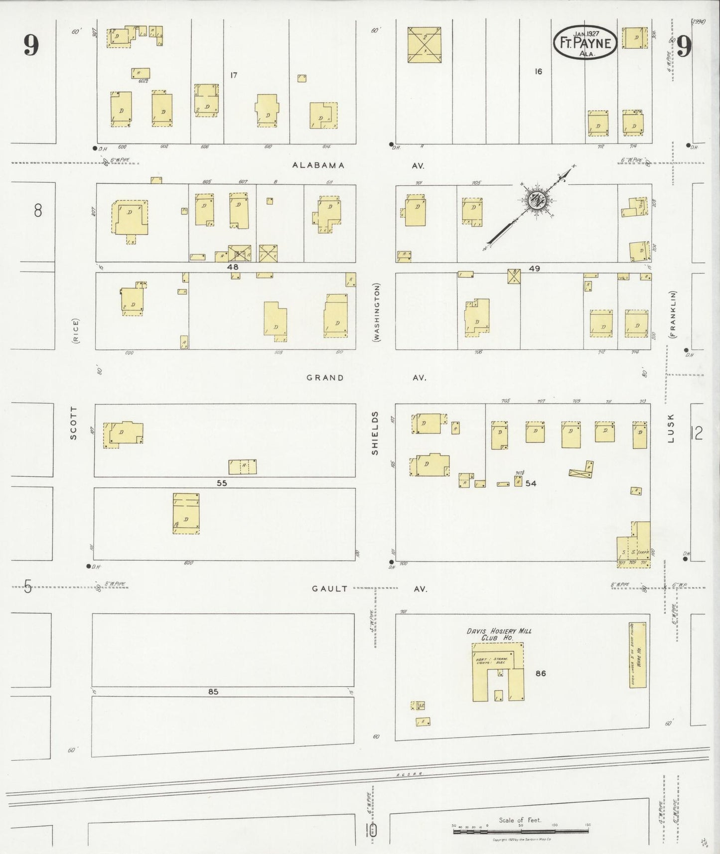 Sanborn Fire Insurance Map from Fort Payne, Dekalb County, Alabama (1927), Sheet #0009 - Complete Map Set gallery image, historic Sanborn map, vintage wall art, Alabama Alabama
