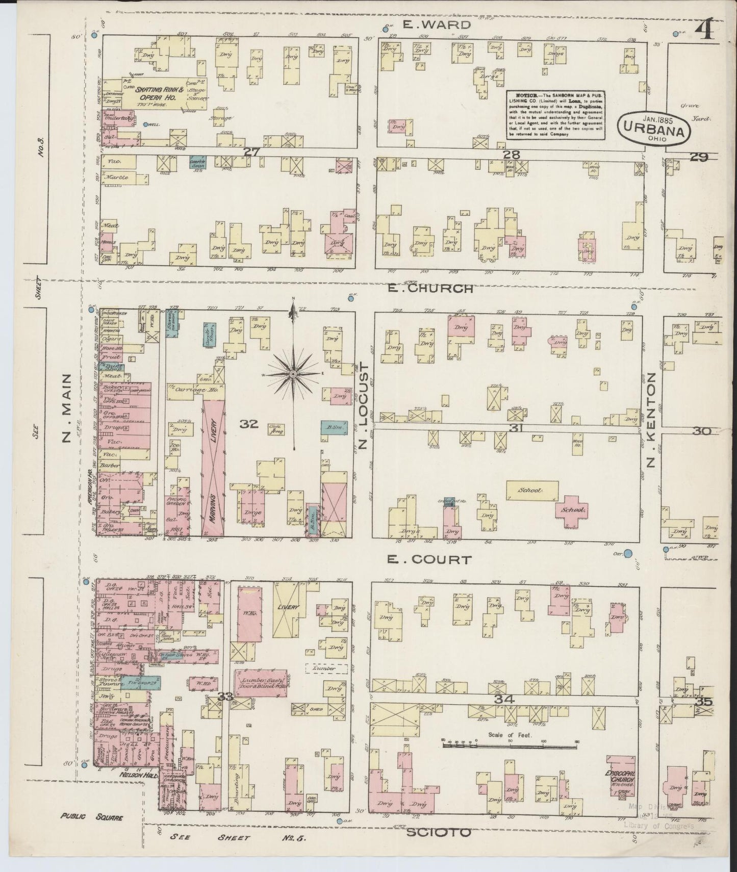 Sanborn Fire Insurance Map from Urbana, Champaign County, Ohio (1885), Sheet #0004 - Historic Sanborn Fire Insurance Map Print, vintage old map wall art, antique decor, genealogy gift, Ohio Ohio map