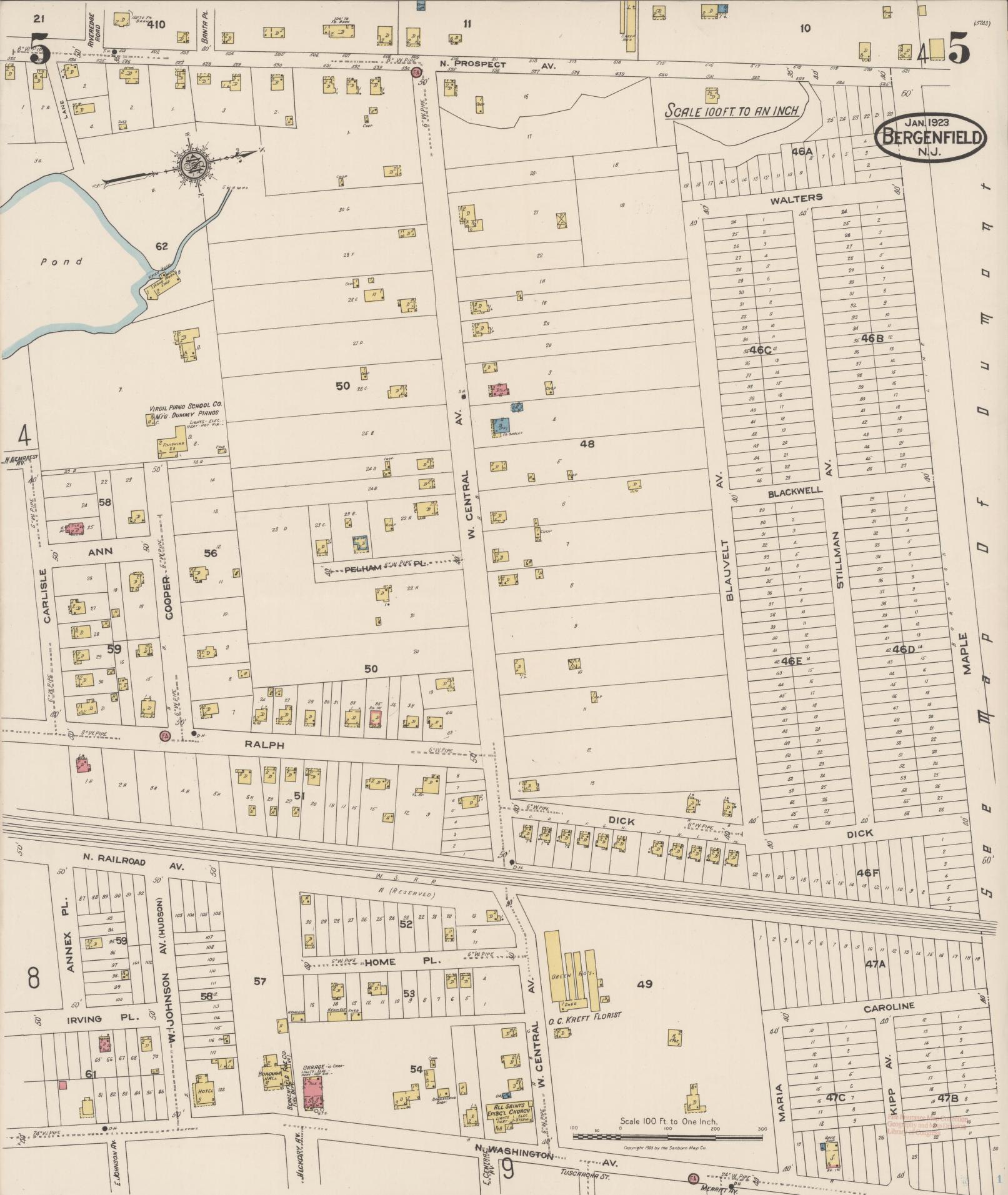 Sanborn Fire Insurance Map from Bergenfield, Bergen County, New Jersey (1923), Sheet #0005 - Historic Sanborn Fire Insurance Map Print, vintage old map wall art, antique decor, genealogy gift, New Jersey New Jersey map