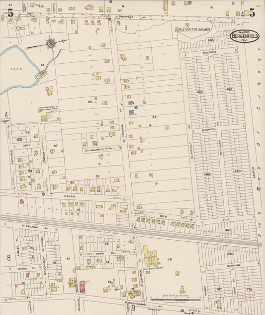 Sanborn Fire Insurance Map from Bergenfield, Bergen County, New Jersey (1923), Sheet #0005 - Historic Sanborn Fire Insurance Map Print, vintage old map wall art, antique decor, genealogy gift, New Jersey New Jersey map