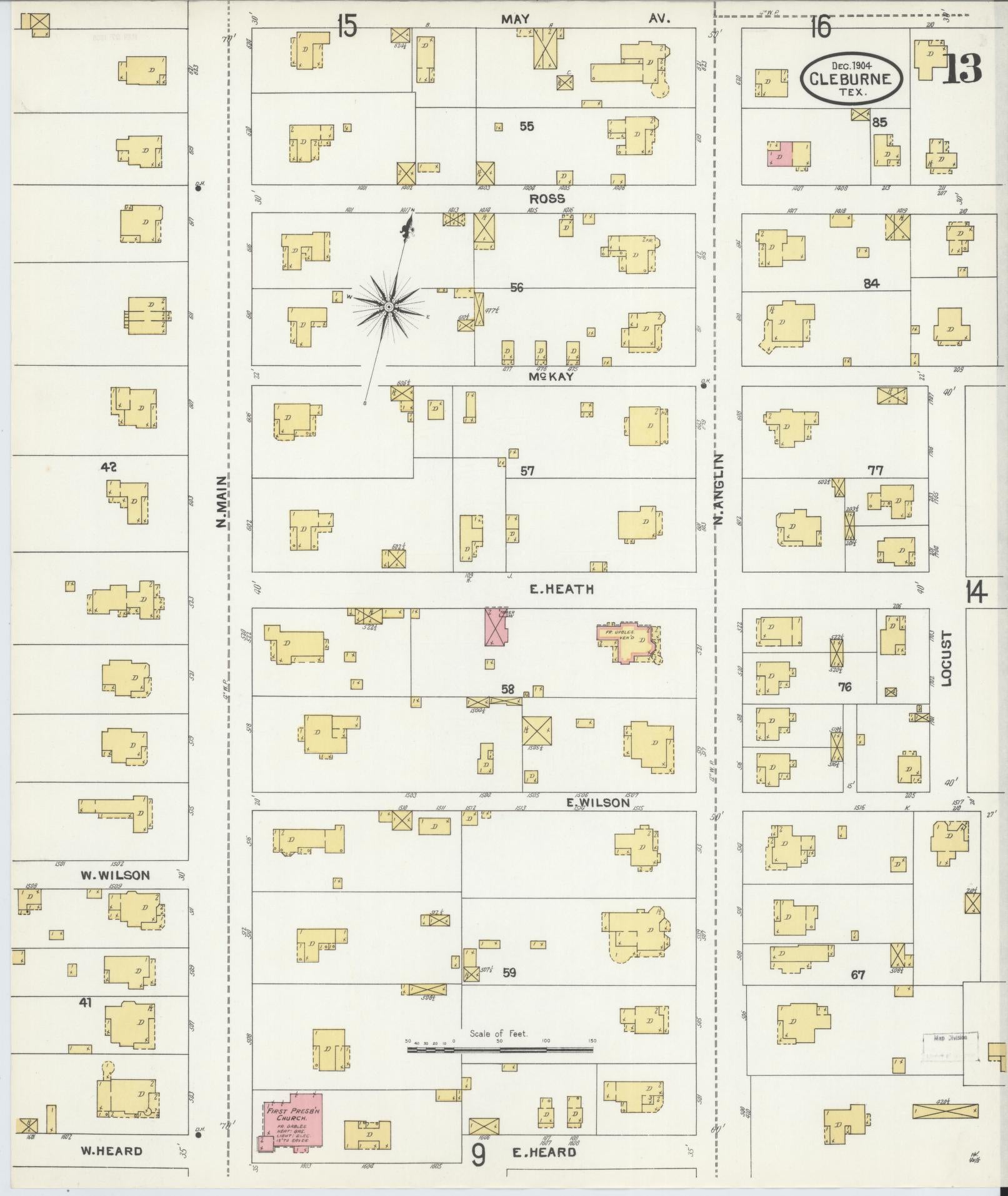 Sanborn Fire Insurance Map from Cleburne, Johnson County, Texas (1904), Sheet #0013 - Historic Sanborn Fire Insurance Map Print, vintage old map wall art, antique decor, genealogy gift, Texas Texas map