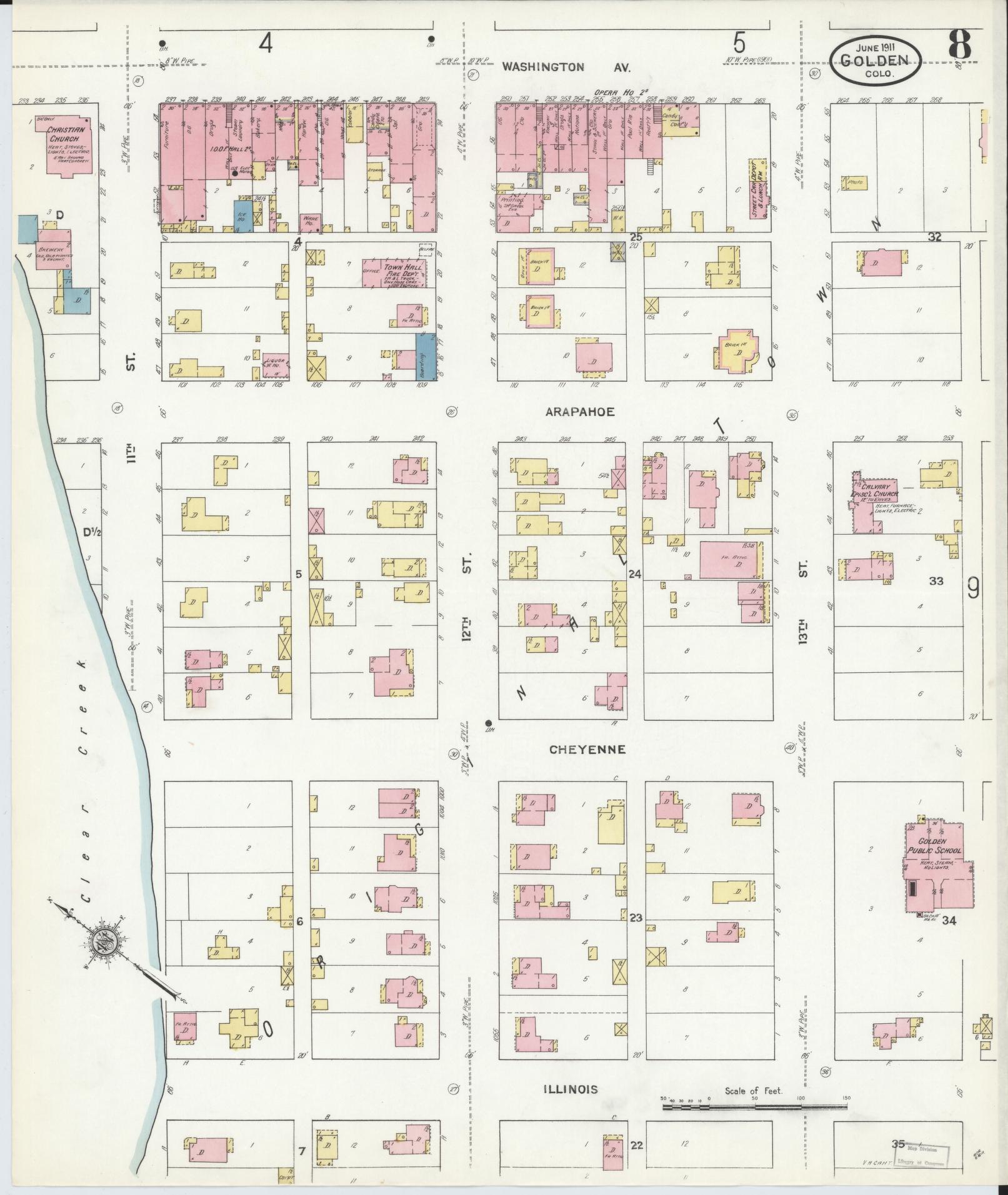 Sanborn Fire Insurance Map from Golden, Jefferson County, Colorado (1911), Sheet #0008 - Historic Sanborn Fire Insurance Map Print, vintage old map wall art, antique decor, genealogy gift, Colorado Colorado map