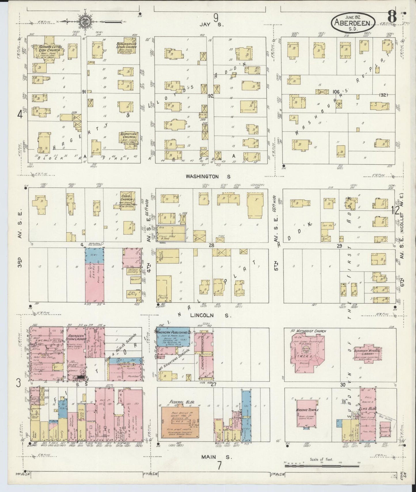 Sanborn Fire Insurance Map from Aberdeen, Brown County, South Dakota (1912), Sheet #0008 - Historic Sanborn Fire Insurance Map Print, vintage old map wall art, antique decor, genealogy gift, South Dakota South Dakota map