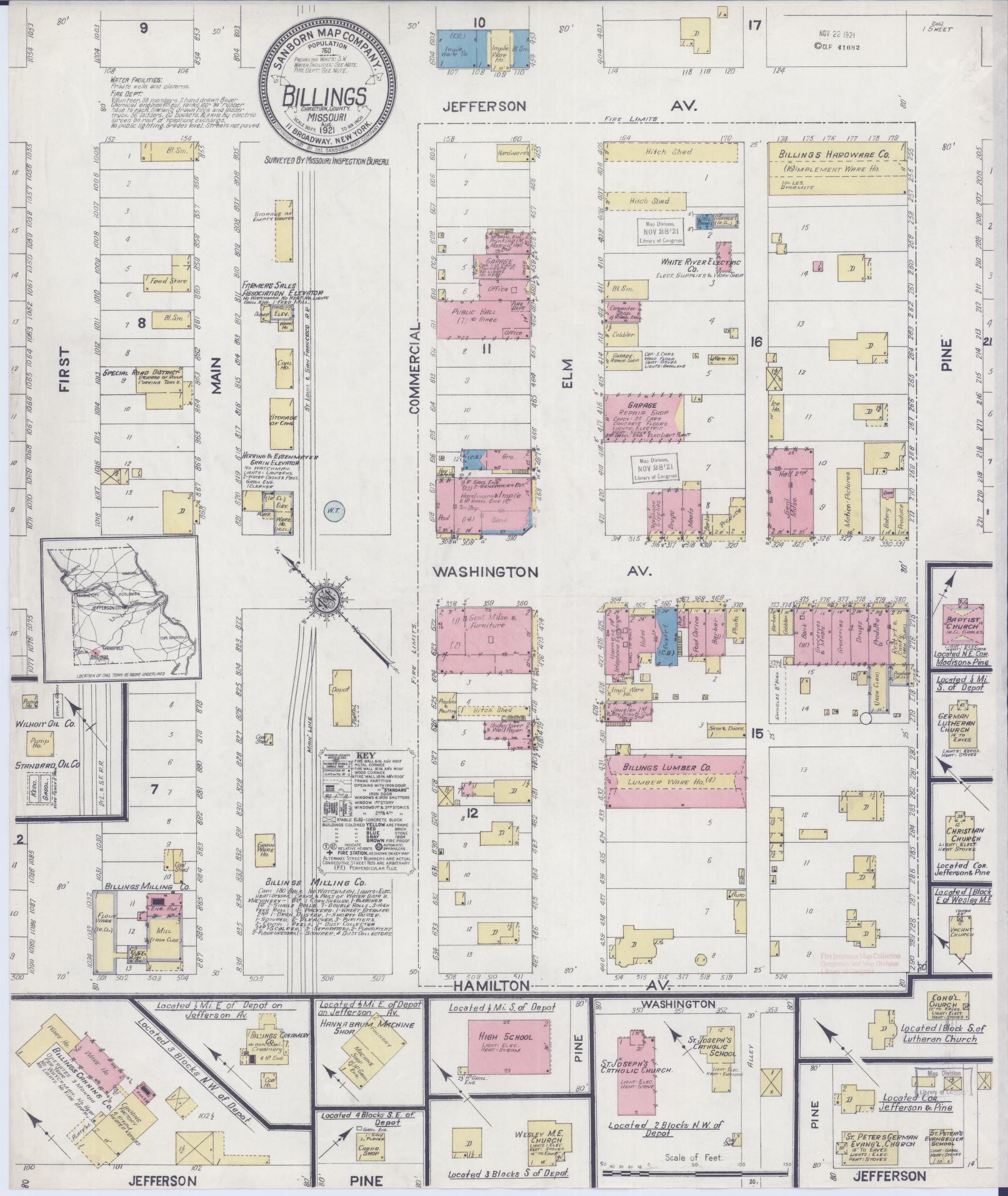 Sanborn Fire Insurance Map from Billings, Christian County, Missouri (1921), Sheet #0001 - Historic Sanborn Fire Insurance Map Print, vintage old map wall art, antique decor, genealogy gift, Missouri Missouri map