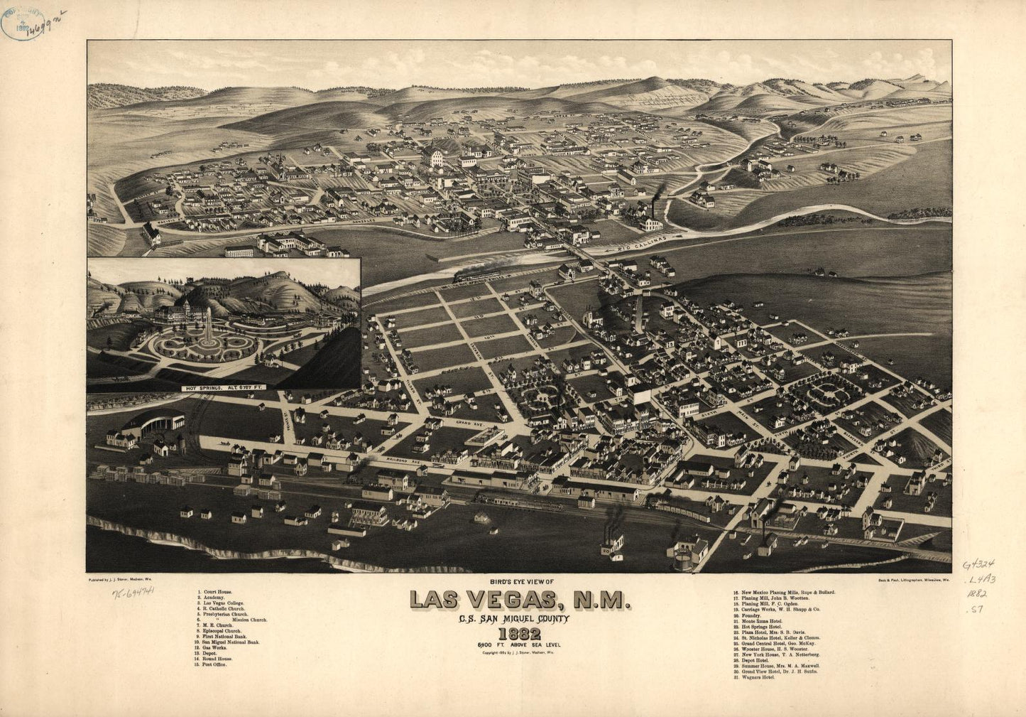 Bird's eye view of Las Vegas, N.M. c.s. San Miguel County 1882. (1882) – Historic Bird’s-Eye View Panorama Print