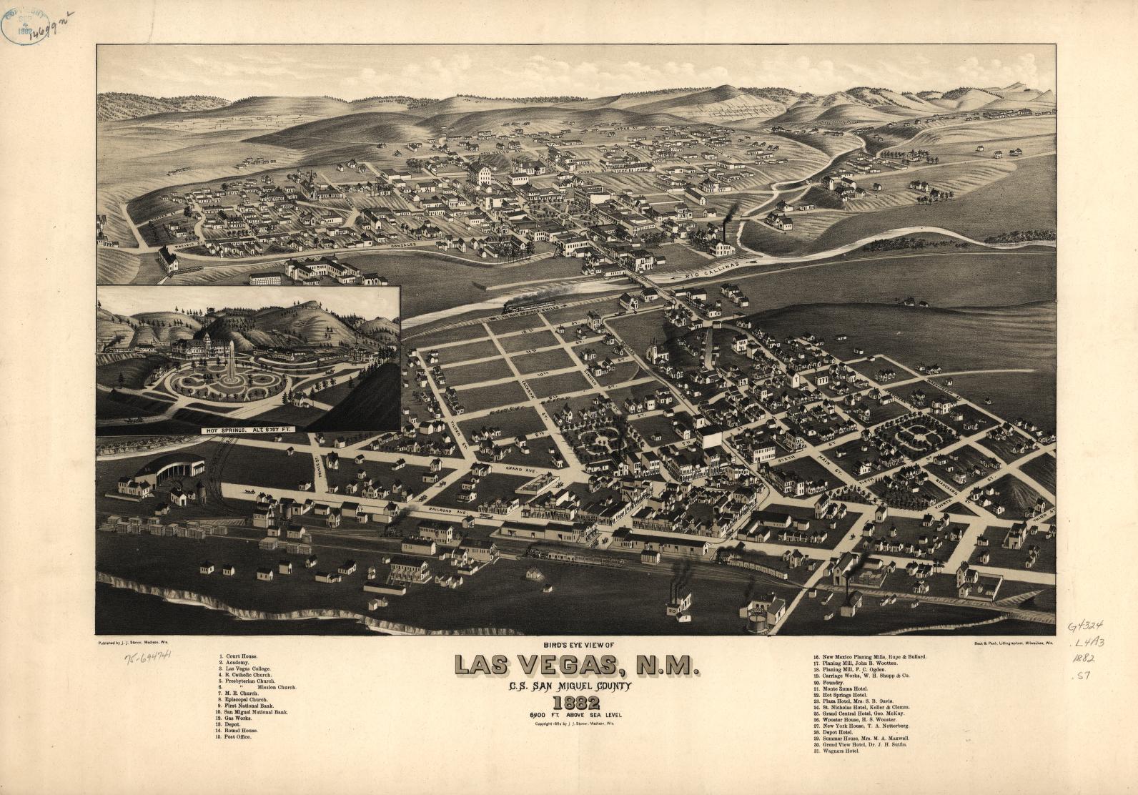 Bird's eye view of Las Vegas, N.M. c.s. San Miguel County 1882. (1882) – Historic Bird’s-Eye View Panorama Print