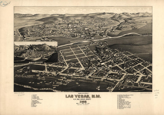 Bird's eye view of Las Vegas, N.M. c.s. San Miguel County 1882. (1882) – Historic Bird’s-Eye View Panorama Print