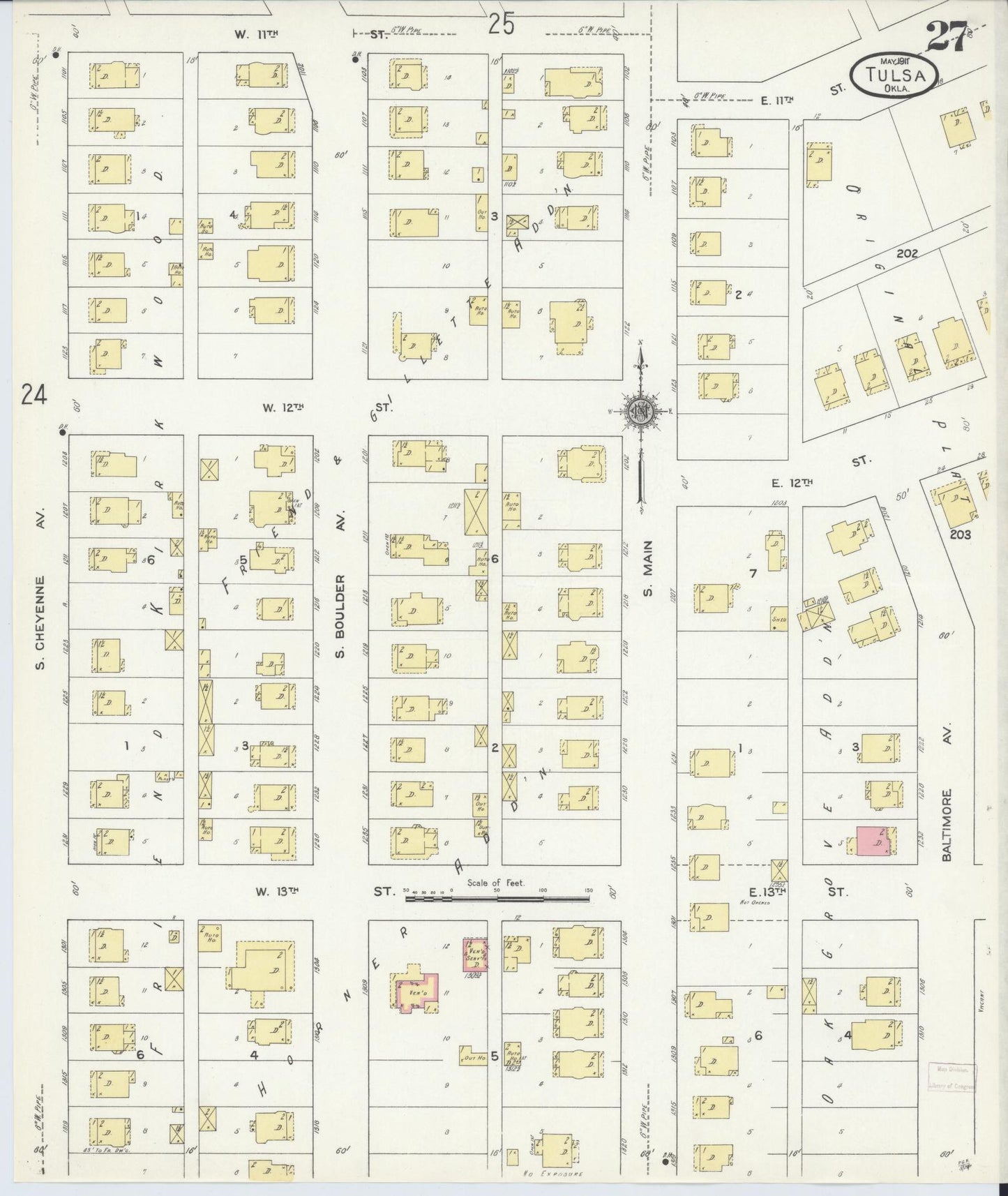 Sanborn Fire Insurance Map from Tulsa, Tulsa County, Oklahoma (1911), Sheet #0027 - Historic Sanborn Fire Insurance Map Print, vintage old map wall art, antique decor, genealogy gift, Oklahoma Oklahoma map