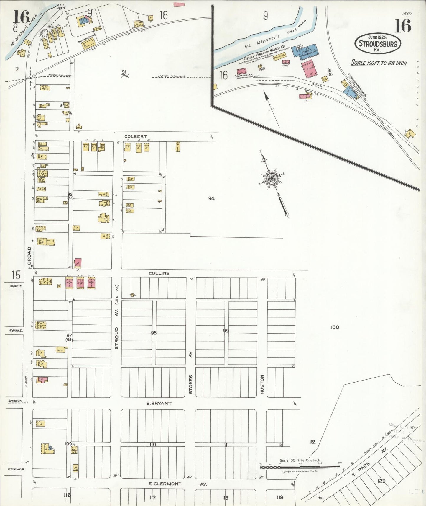 Sanborn Fire Insurance Map from Stroudsburg, Monroe County, Pennsylvania (1923), Sheet #0016 - Historic Sanborn Fire Insurance Map Print, vintage old map wall art, antique decor, genealogy gift, Pennsylvania Pennsylvania map
