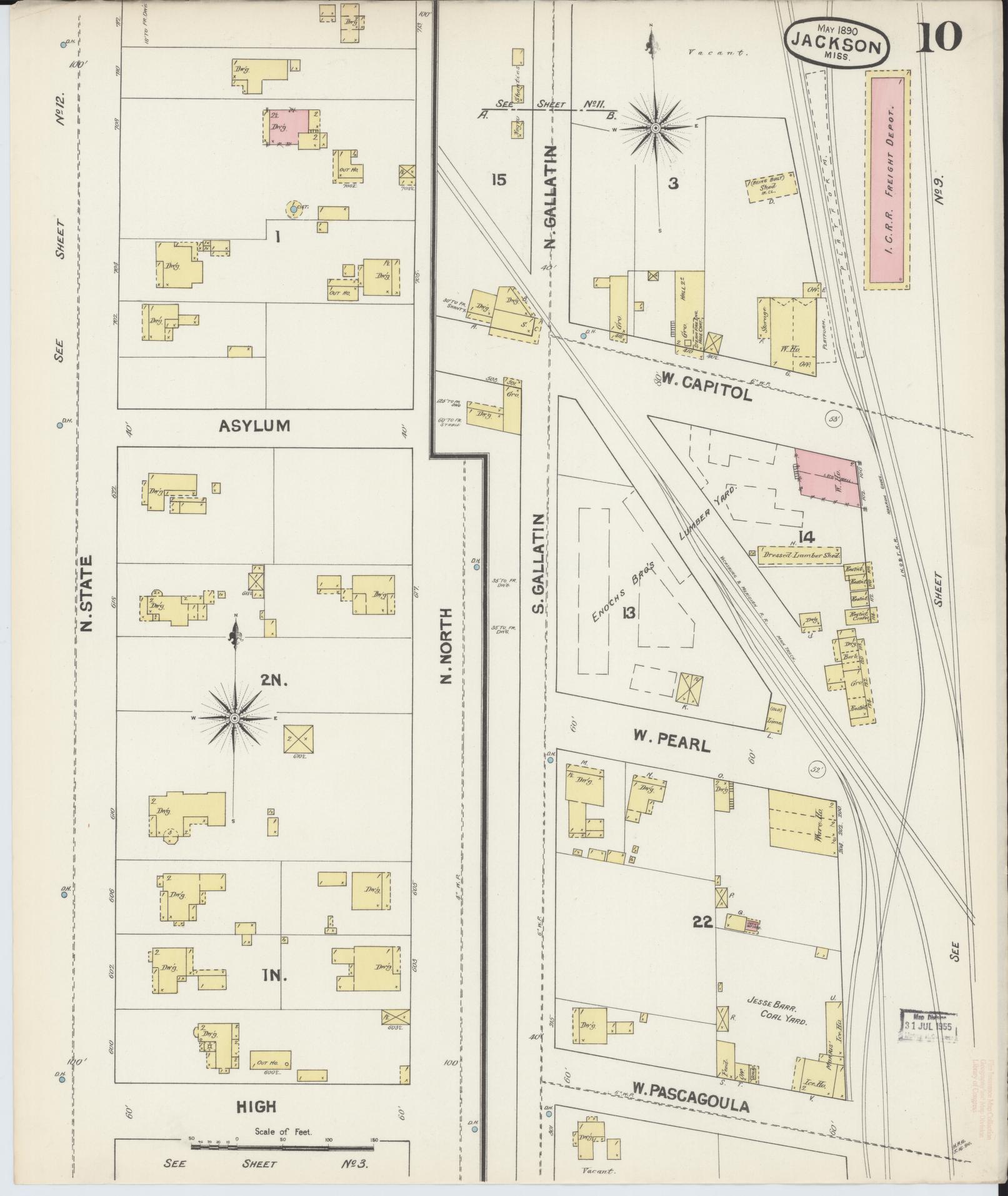 Sanborn Fire Insurance Map from Jackson, Hinds County, Mississippi (1890), Sheet #0010 - Historic Sanborn Fire Insurance Map Print, vintage old map wall art, antique decor, genealogy gift, Mississippi Mississippi map