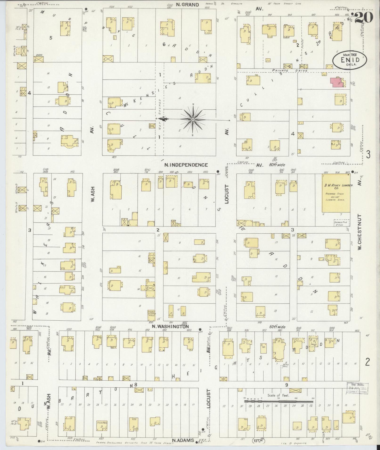 Sanborn Fire Insurance Map from Enid, Garfield County, Oklahoma (1908), Sheet #0020 - Complete Map Set gallery image, historic Sanborn map, vintage wall art, Oklahoma Oklahoma