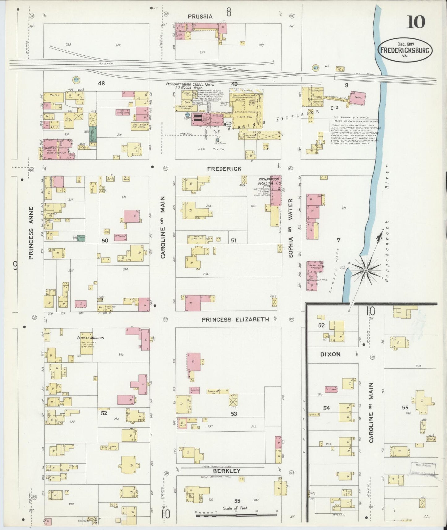 Sanborn Fire Insurance Map from Fredericksburg, Independent Cities, Virginia (1907), Sheet #0010 - Historic Sanborn Fire Insurance Map Print, vintage old map wall art, antique decor, genealogy gift, Virginia Virginia map
