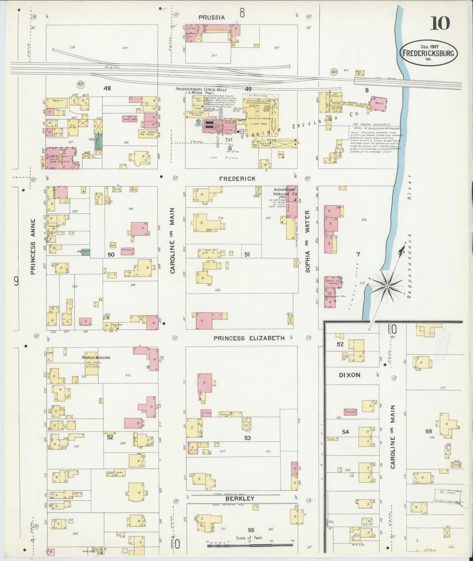 Sanborn Fire Insurance Map from Fredericksburg, Independent Cities, Virginia (1907), Sheet #0010 - Historic Sanborn Fire Insurance Map Print, vintage old map wall art, antique decor, genealogy gift, Virginia Virginia map