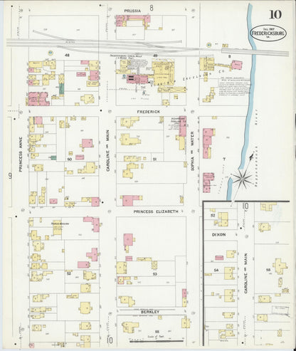 Sanborn Fire Insurance Map from Fredericksburg, Independent Cities, Virginia (1907), Sheet #0010 - Historic Sanborn Fire Insurance Map Print, vintage old map wall art, antique decor, genealogy gift, Virginia Virginia map