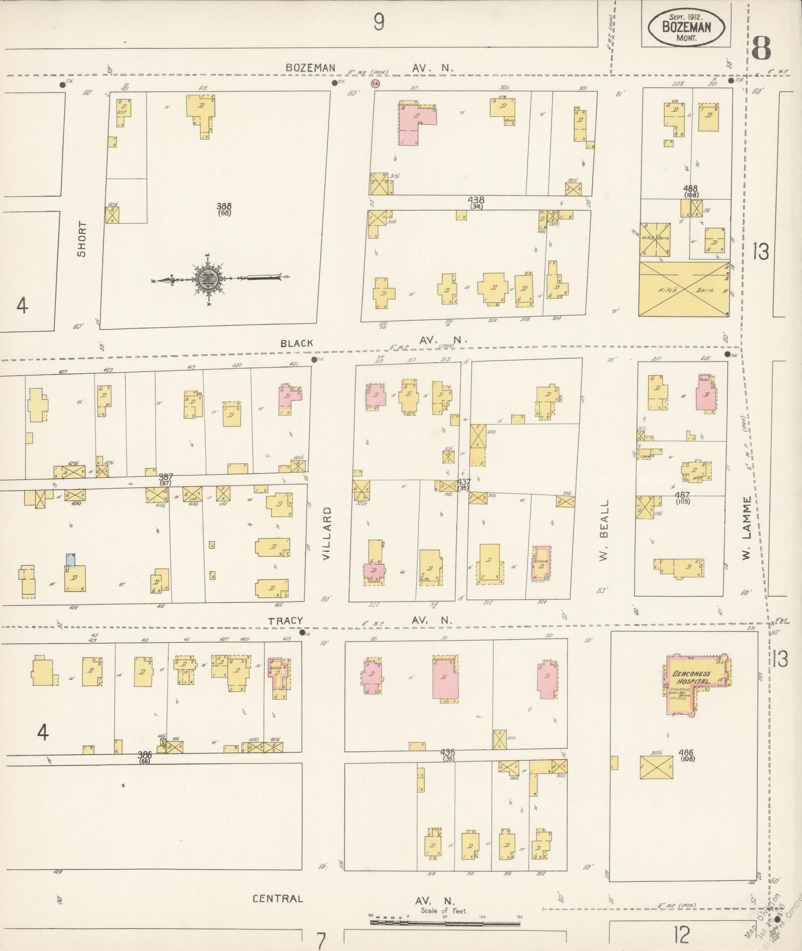 Sanborn Fire Insurance Map from Bozeman, Gallatin County, Montana (1912), Sheet #0008 - Historic Sanborn Fire Insurance Map Print, vintage old map wall art, antique decor, genealogy gift, Montana Montana map