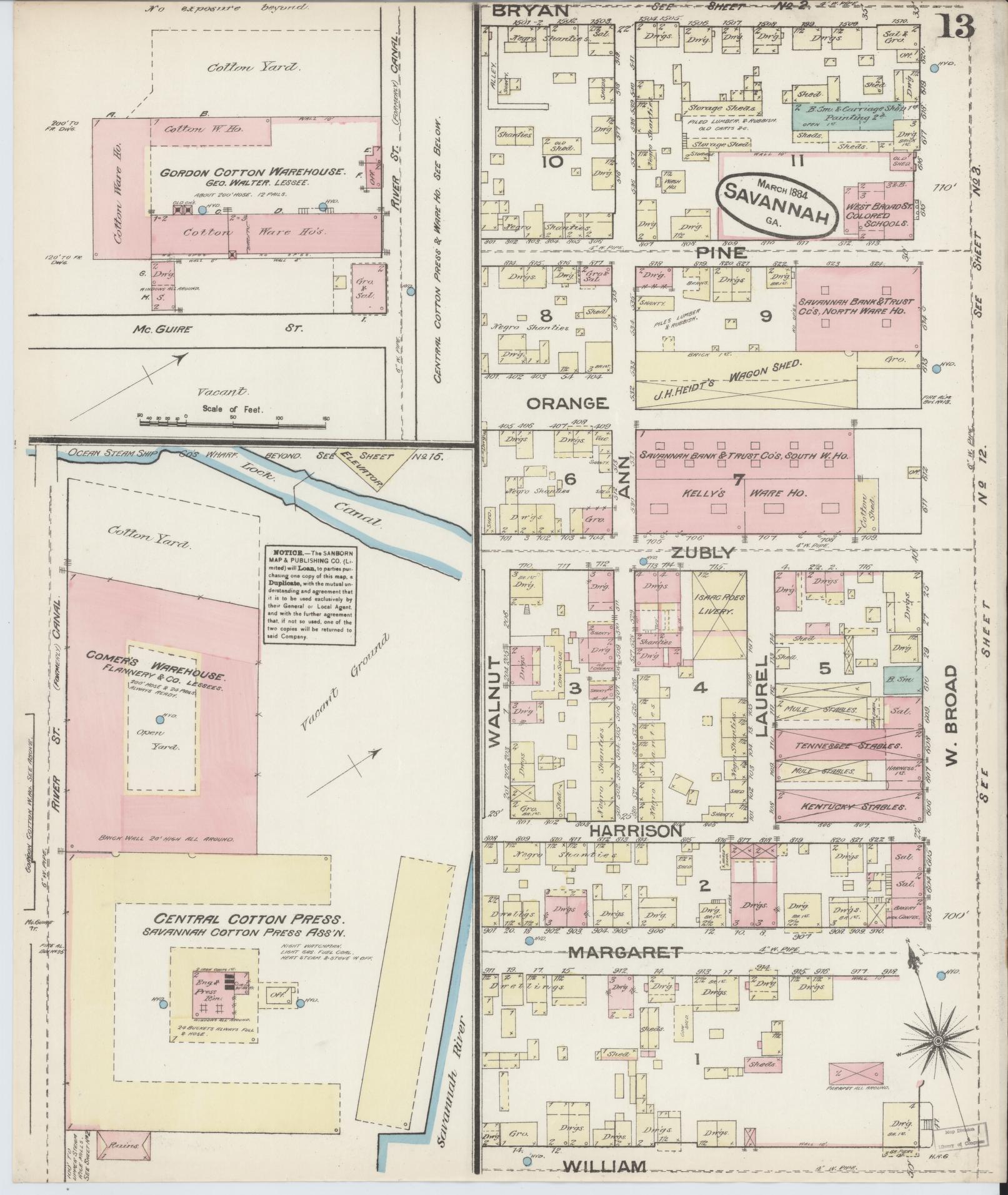 Sanborn Fire Insurance Map from Savannah, Chatham County, Georgia (1884), Sheet #0013 - Complete Map Set gallery image, historic Sanborn map, vintage wall art, Georgia Georgia