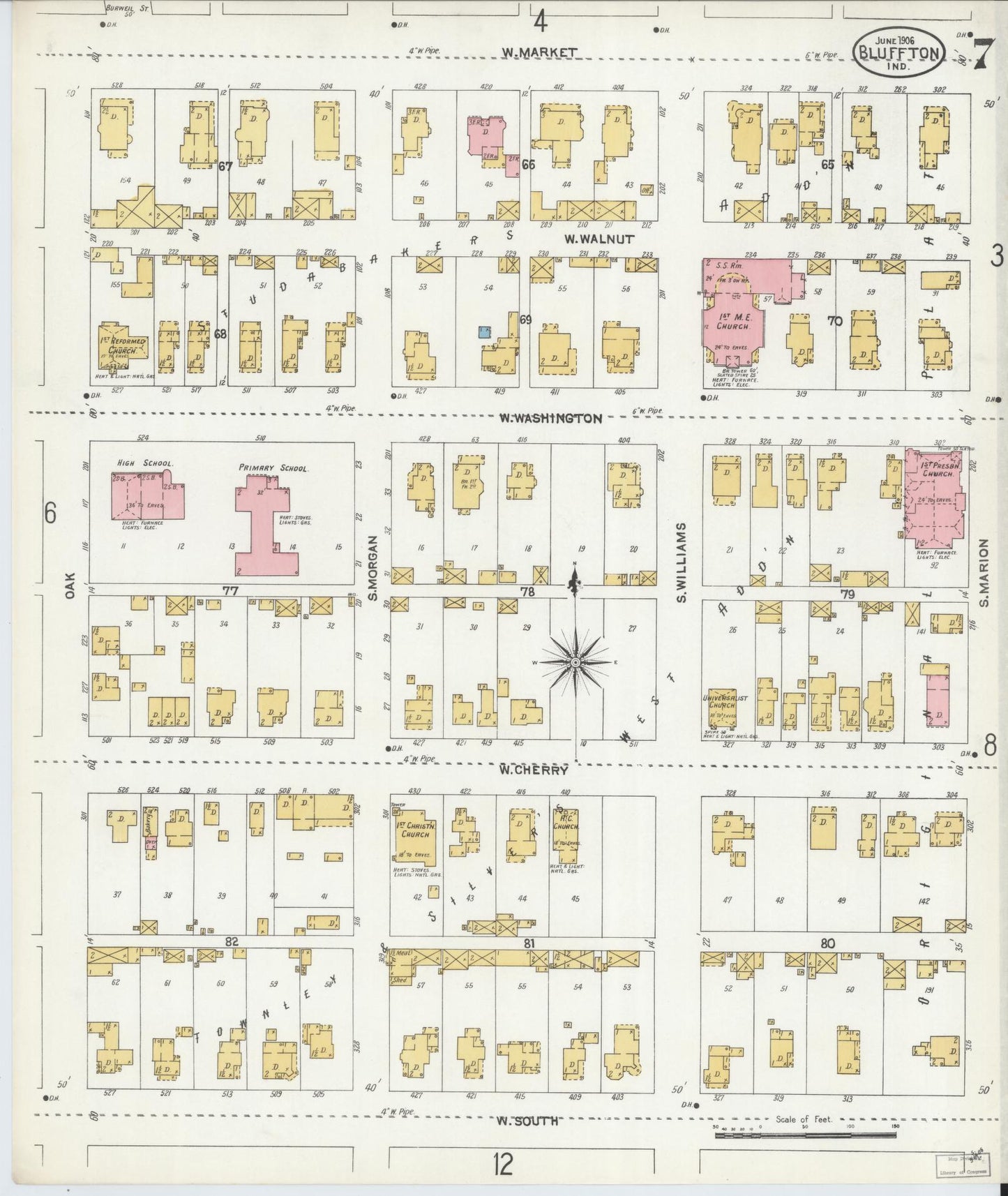Sanborn Fire Insurance Map from Bluffton, Wells County, Indiana (1906), Sheet #0007 - Historic Sanborn Fire Insurance Map Print, vintage old map wall art, antique decor, genealogy gift, Indiana Indiana map
