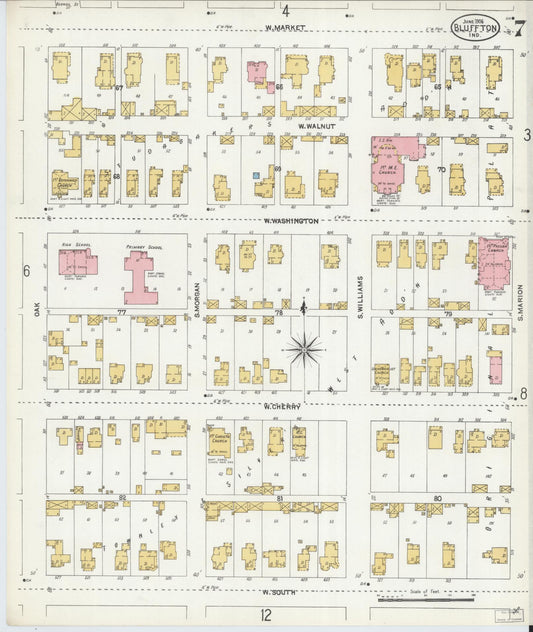 Sanborn Fire Insurance Map from Bluffton, Wells County, Indiana (1906), Sheet #0007 - Historic Sanborn Fire Insurance Map Print, vintage old map wall art, antique decor, genealogy gift, Indiana Indiana map