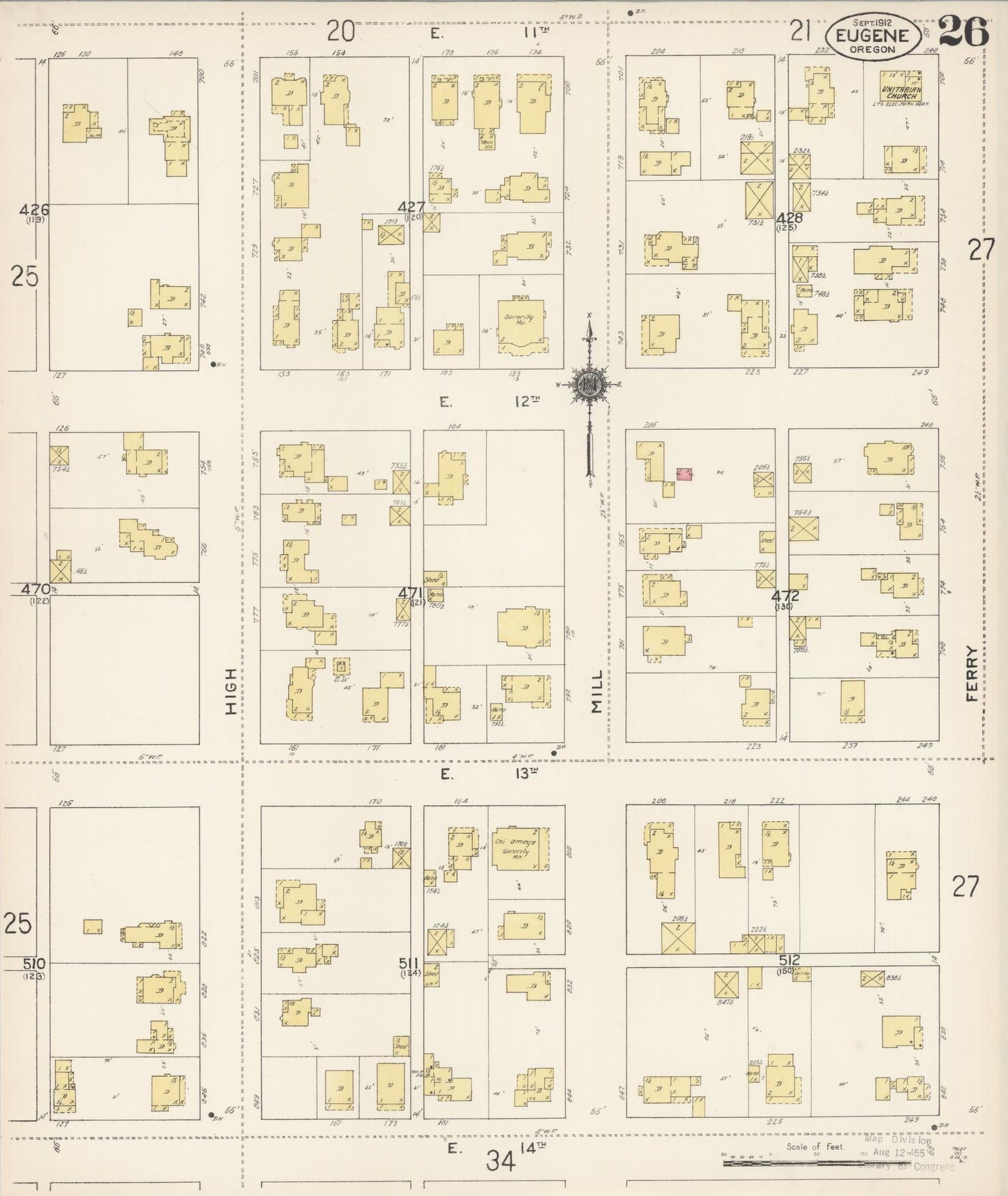 Sanborn Fire Insurance Map from Eugene, Lane County, Oregon (1912), Sheet #0026 - Historic Sanborn Fire Insurance Map Print, vintage old map wall art, antique decor, genealogy gift, Oregon Oregon map