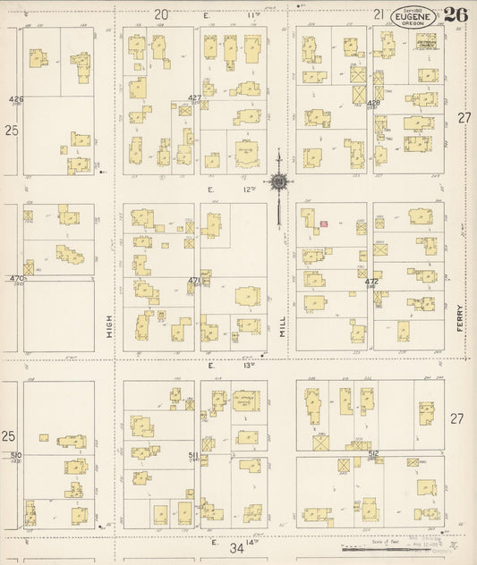 Sanborn Fire Insurance Map from Eugene, Lane County, Oregon (1912), Sheet #0026 - Historic Sanborn Fire Insurance Map Print, vintage old map wall art, antique decor, genealogy gift, Oregon Oregon map
