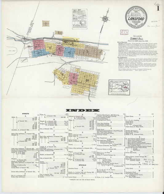 Sanborn Fire Insurance Map from Lansford, Carbon County, Pennsylvania (1915), Sheet #0001 - Historic Sanborn Fire Insurance Map Print, vintage old map wall art, antique decor, genealogy gift, Pennsylvania Pennsylvania map