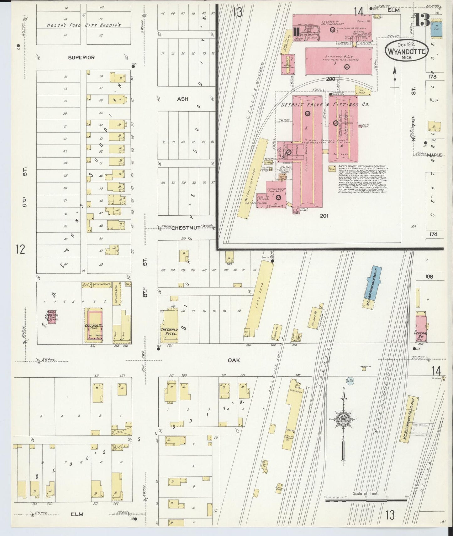 Sanborn Fire Insurance Map from Wyandotte, Wayne County, Michigan (1912), Sheet #0013 - Historic Sanborn Fire Insurance Map Print, vintage old map wall art, antique decor, genealogy gift, Michigan Michigan map