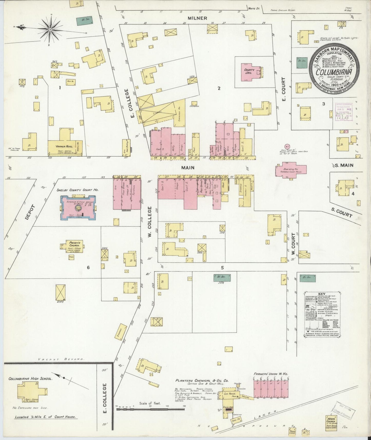 Sanborn Fire Insurance Map from Columbiana, Shelby County, Alabama (1909), Sheet #0001 - Historic Sanborn Fire Insurance Map Print, vintage old map wall art, antique decor, genealogy gift, Alabama Alabama map