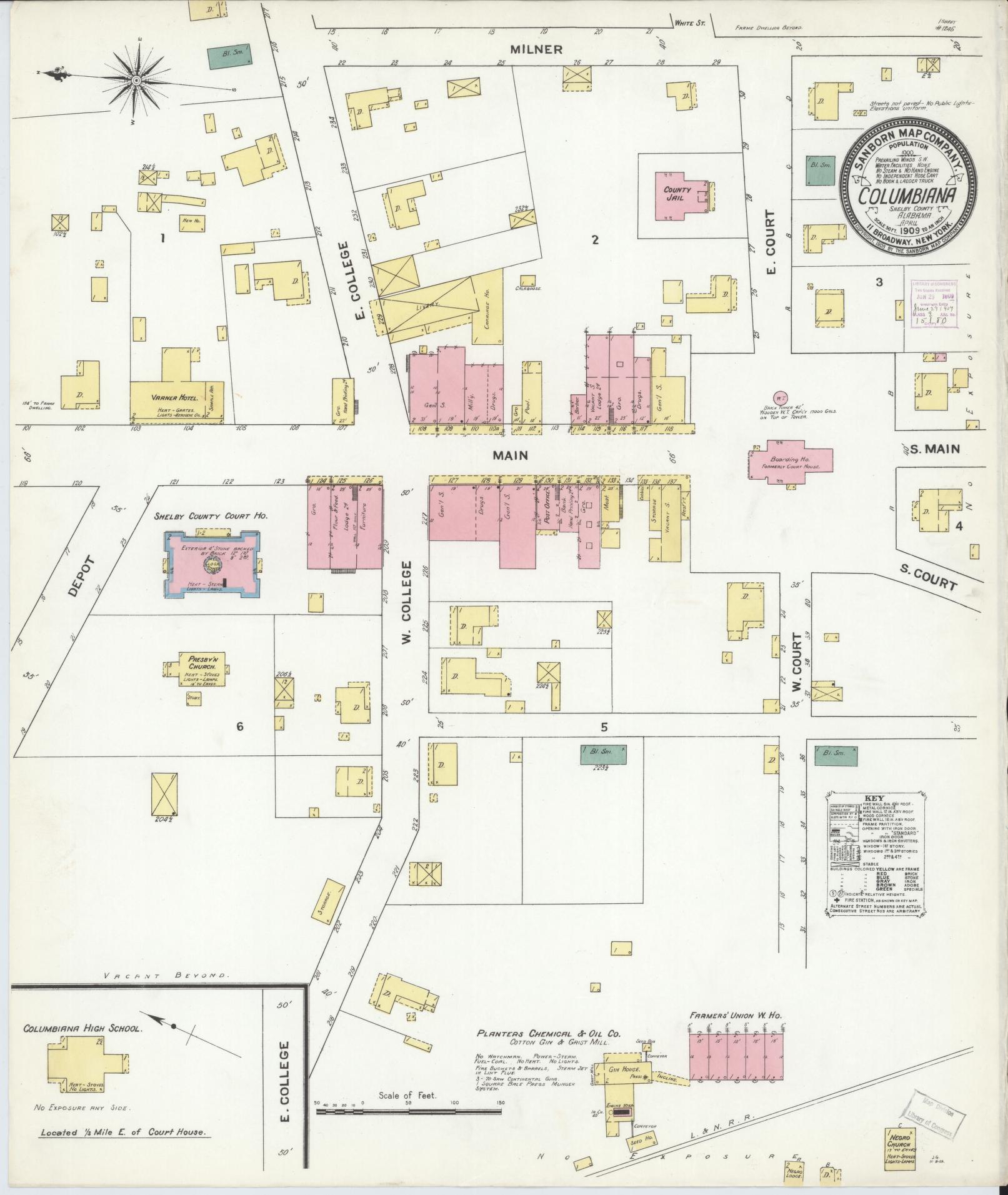 Sanborn Fire Insurance Map from Columbiana, Shelby County, Alabama (1909), Sheet #0001 - Historic Sanborn Fire Insurance Map Print, vintage old map wall art, antique decor, genealogy gift, Alabama Alabama map