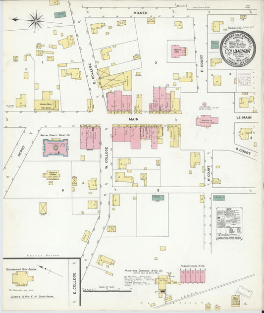 Sanborn Fire Insurance Map from Columbiana, Shelby County, Alabama (1909), Sheet #0001 - Historic Sanborn Fire Insurance Map Print, vintage old map wall art, antique decor, genealogy gift, Alabama Alabama map