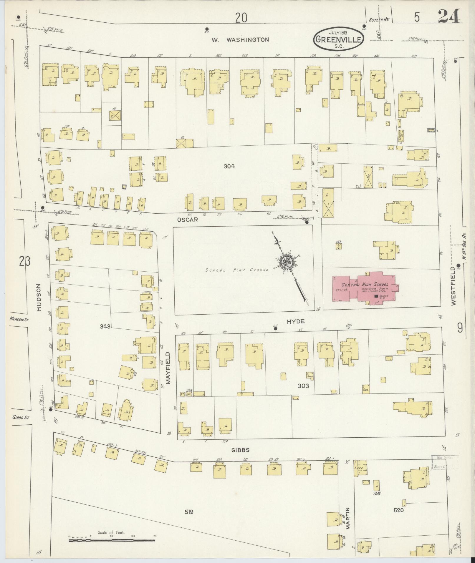 Sanborn Fire Insurance Map from Greenville, Greenville County, South Carolina (1913), Sheet #0024 - Historic Sanborn Fire Insurance Map Print, vintage old map wall art, antique decor, genealogy gift, South Carolina South Carolina map
