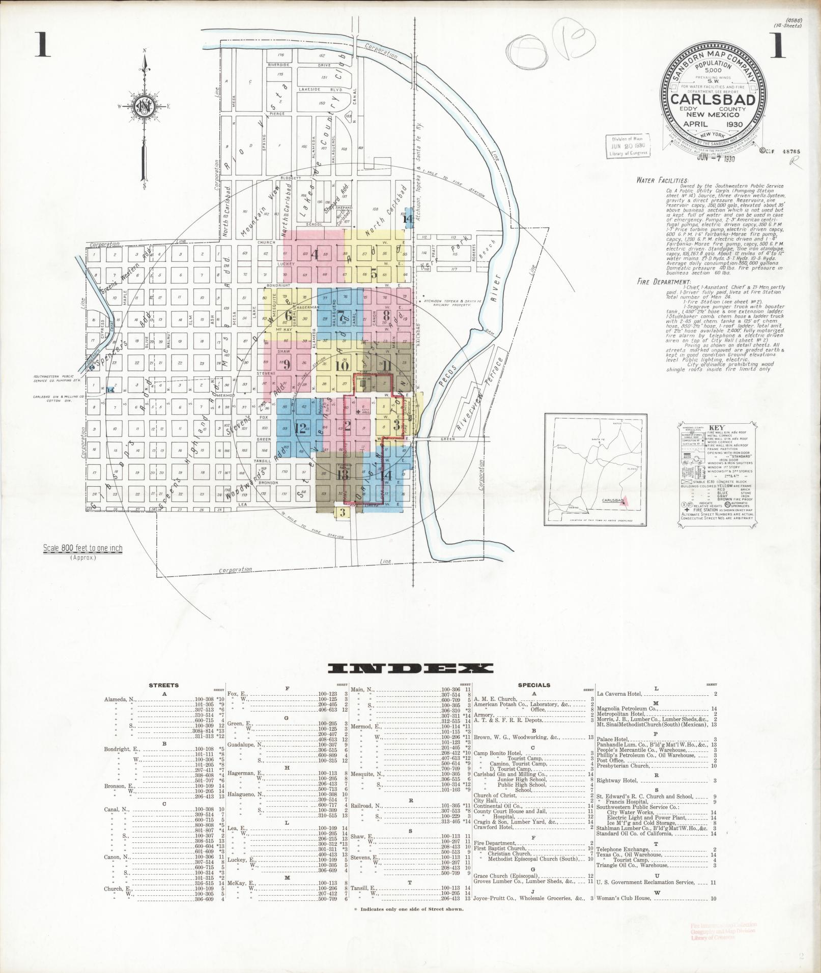 Sanborn Fire Insurance Map from Carlsbad, Eddy County, New Mexico (1930), Sheet #0001 - Complete Map Set gallery image, historic Sanborn map, vintage wall art, New Mexico New Mexico