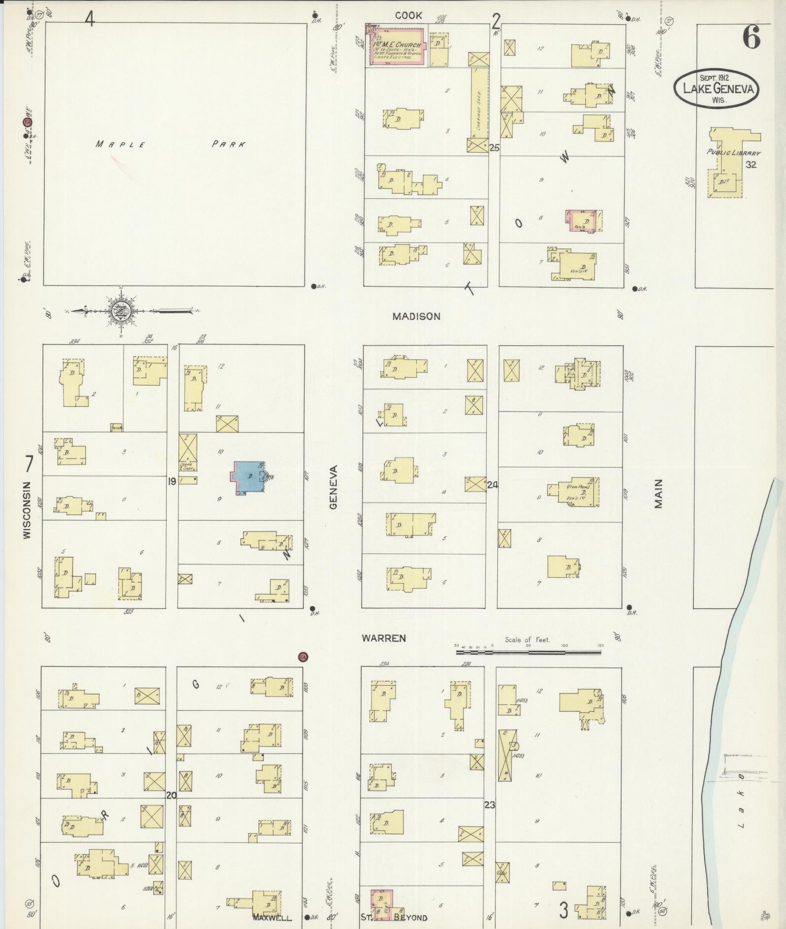 Sanborn Fire Insurance Map from Lake Geneva, Walworth County, Wisconsin (1912), Sheet #0006 - Historic Sanborn Fire Insurance Map Print, vintage old map wall art, antique decor, genealogy gift, Wisconsin Wisconsin map