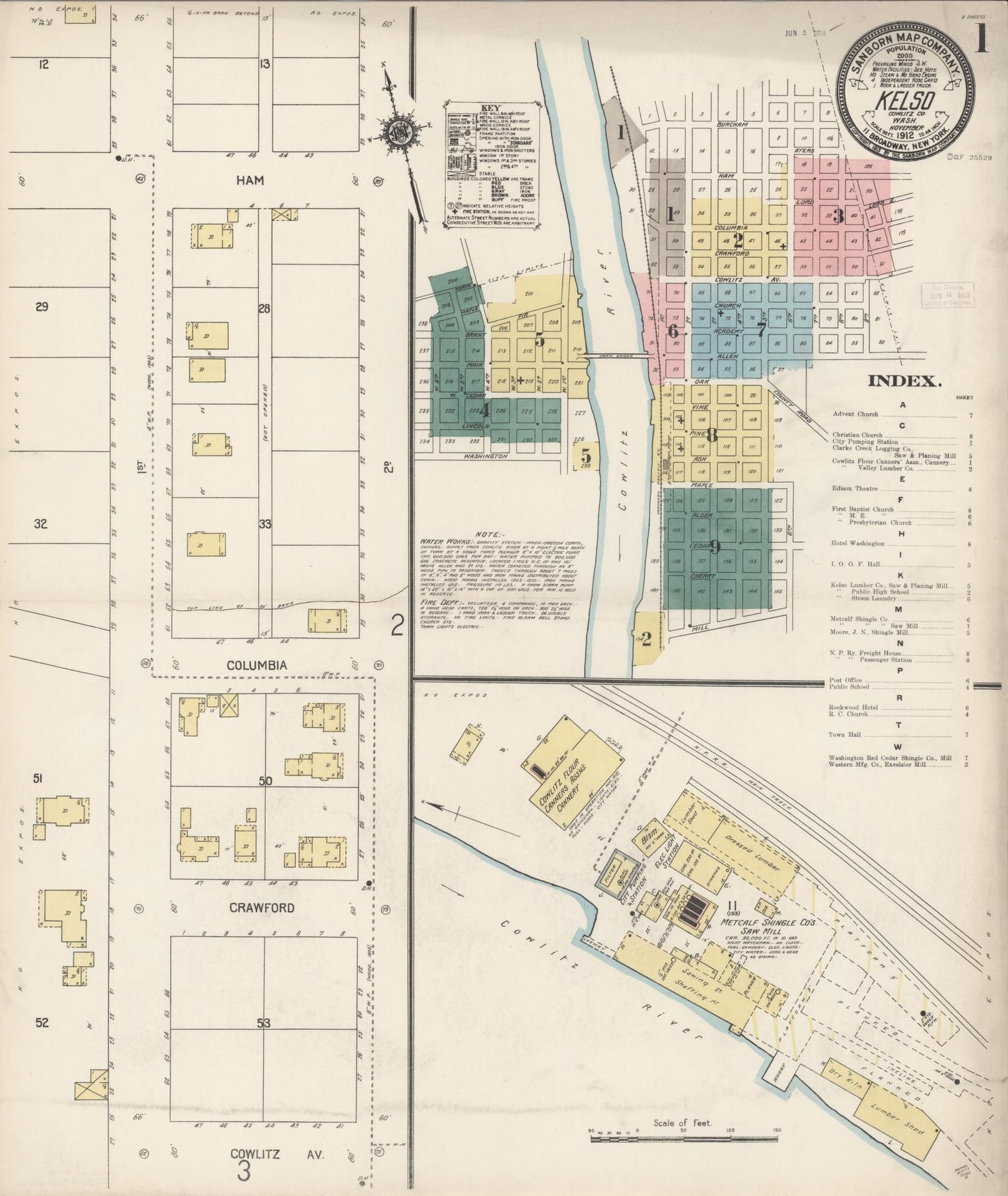Sanborn Fire Insurance Map from Kelso, Cowlitz County, Washington (1912), Sheet #0001 - Complete Map Set gallery image, historic Sanborn map, vintage wall art, Washington Washington