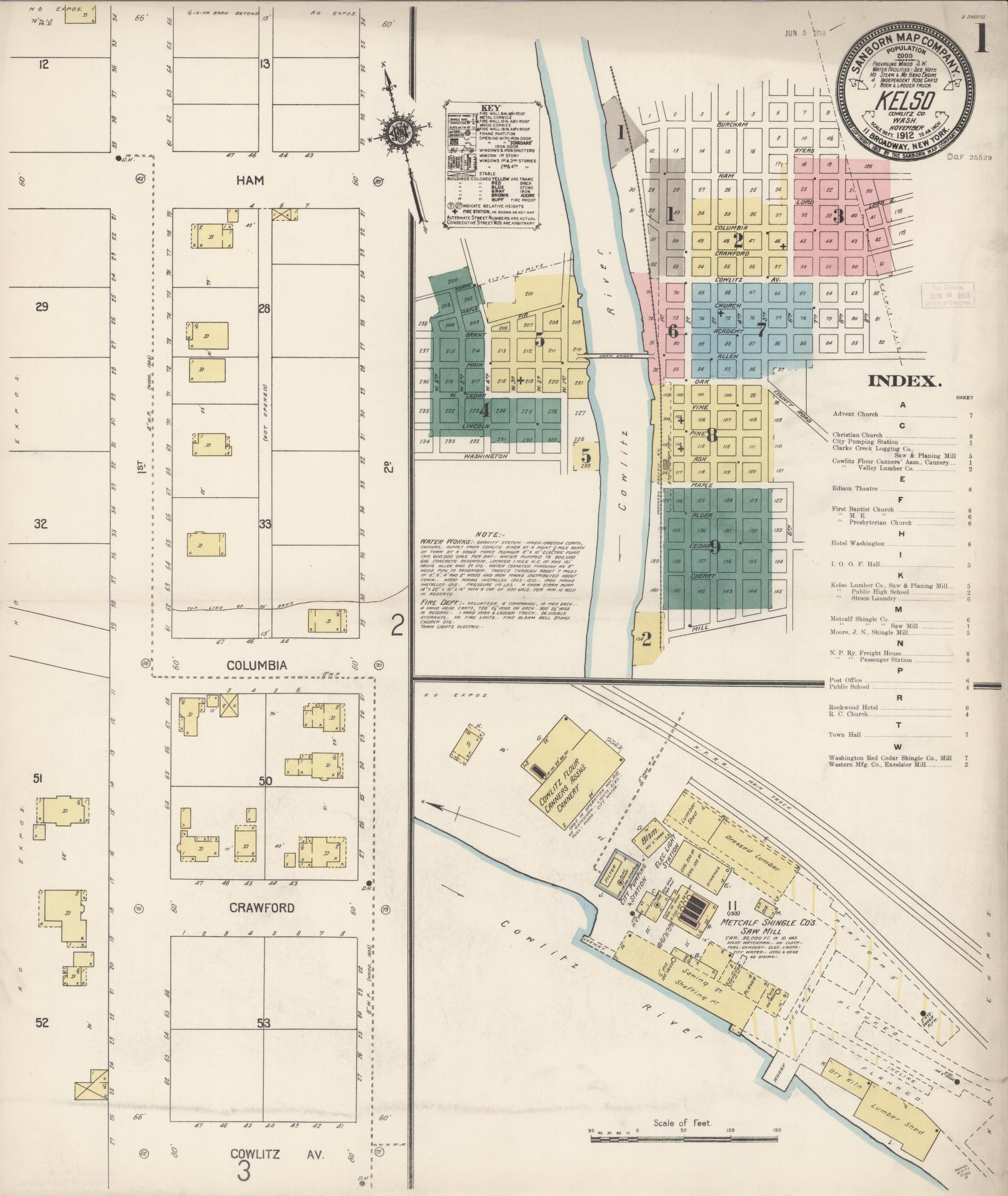 Sanborn Fire Insurance Map from Kelso, Cowlitz County, Washington (1912), Sheet #0001 - Complete Map Set gallery image, historic Sanborn map, vintage wall art, Washington Washington