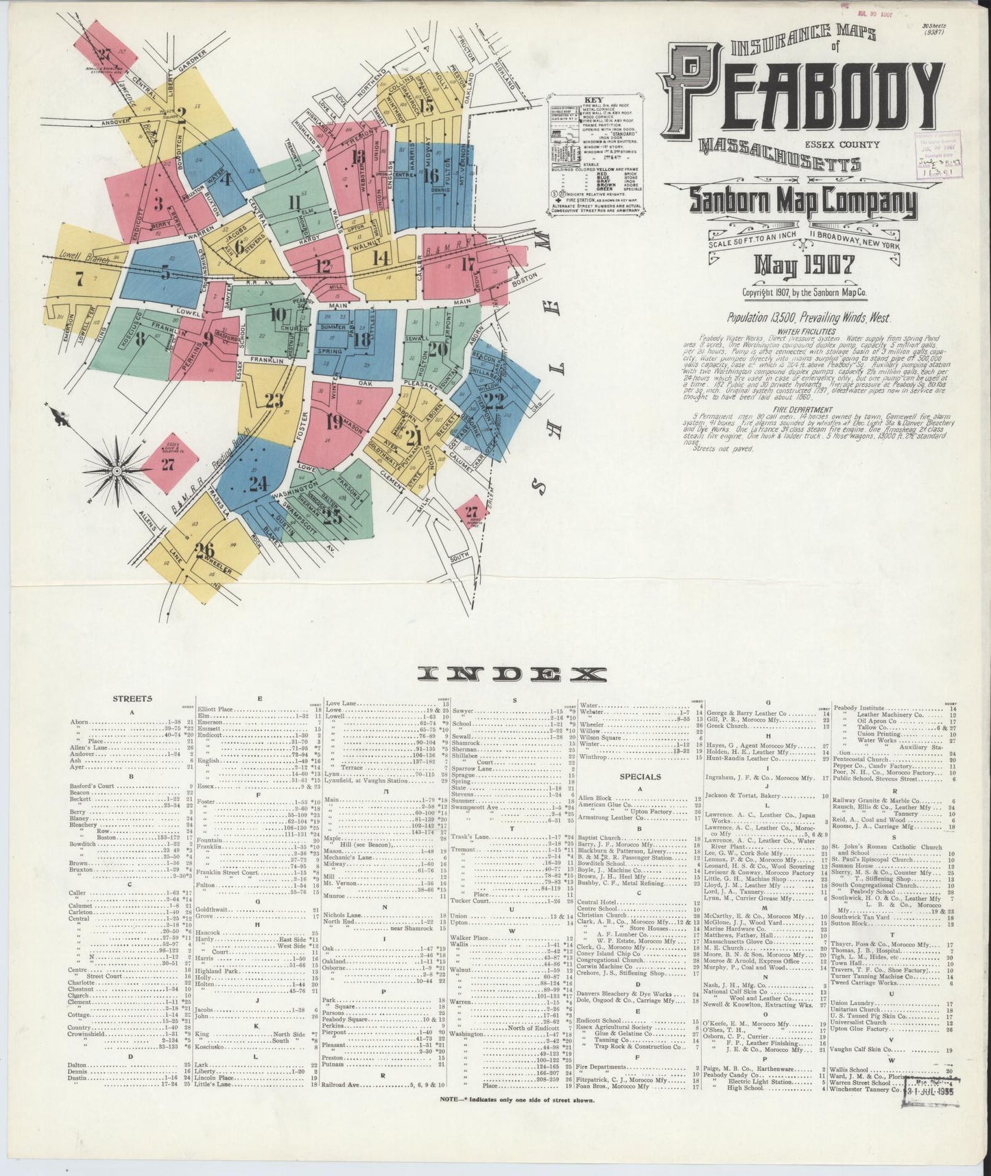 Sanborn Fire Insurance Map from Peabody, Essex County, Massachusetts. (1907) – Historic Sanborn Fire Insurance Map Print
