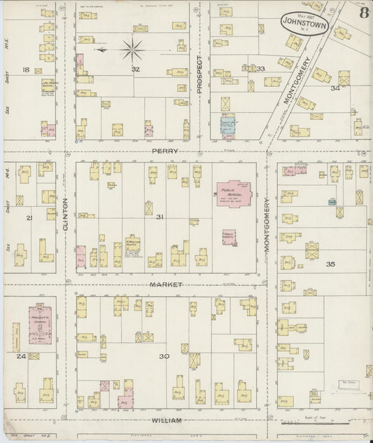 Sanborn Fire Insurance Map from Johnstown, Fulton County, New York (1887), Sheet #0008 - Historic Sanborn Fire Insurance Map Print, vintage old map wall art, antique decor, genealogy gift, New York New York map