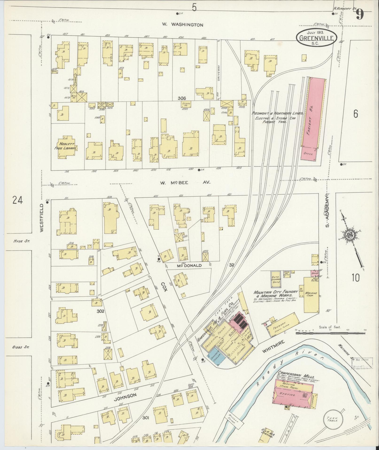 Sanborn Fire Insurance Map from Greenville, Greenville County, South Carolina (1913), Sheet #0009 - Complete Map Set gallery image, historic Sanborn map, vintage wall art, South Carolina South Carolina