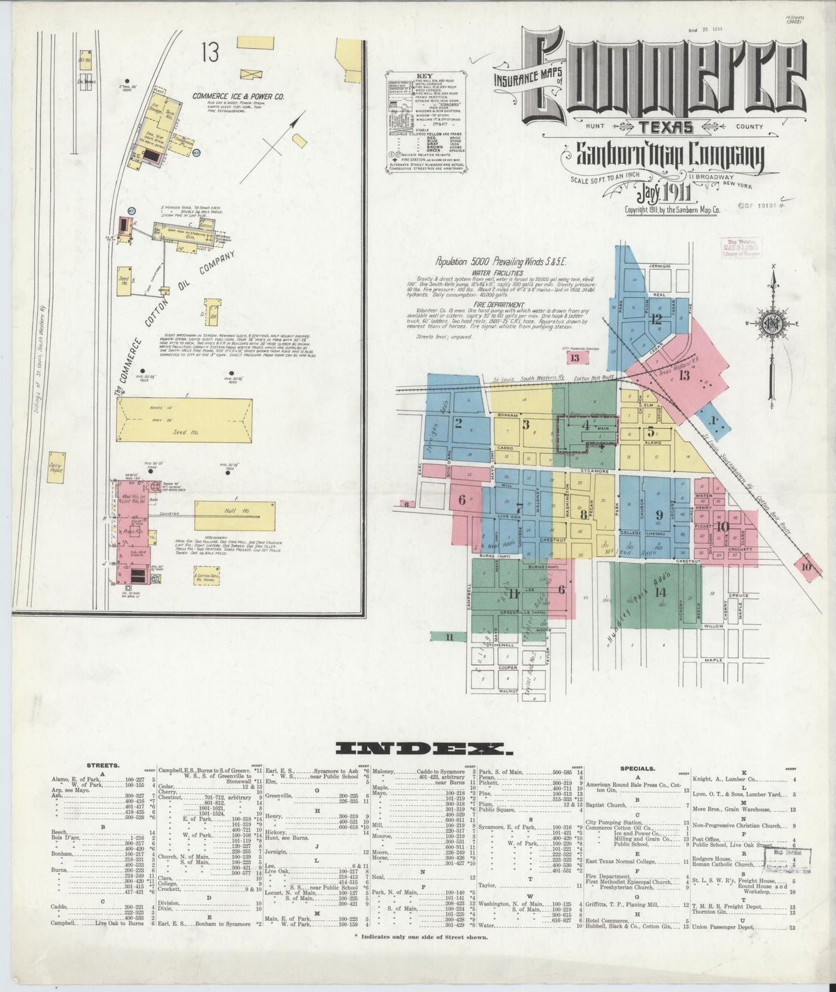 Sanborn Fire Insurance Map from Commerce, Hunt County, Texas (1911), Sheet #0001 - Historic Sanborn Fire Insurance Map Print, vintage old map wall art, antique decor, genealogy gift, Texas Texas map