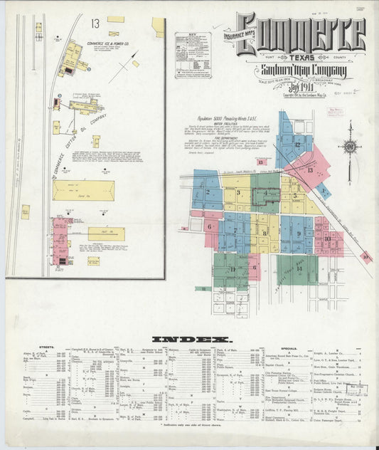 Sanborn Fire Insurance Map from Commerce, Hunt County, Texas (1911), Sheet #0001 - Historic Sanborn Fire Insurance Map Print, vintage old map wall art, antique decor, genealogy gift, Texas Texas map