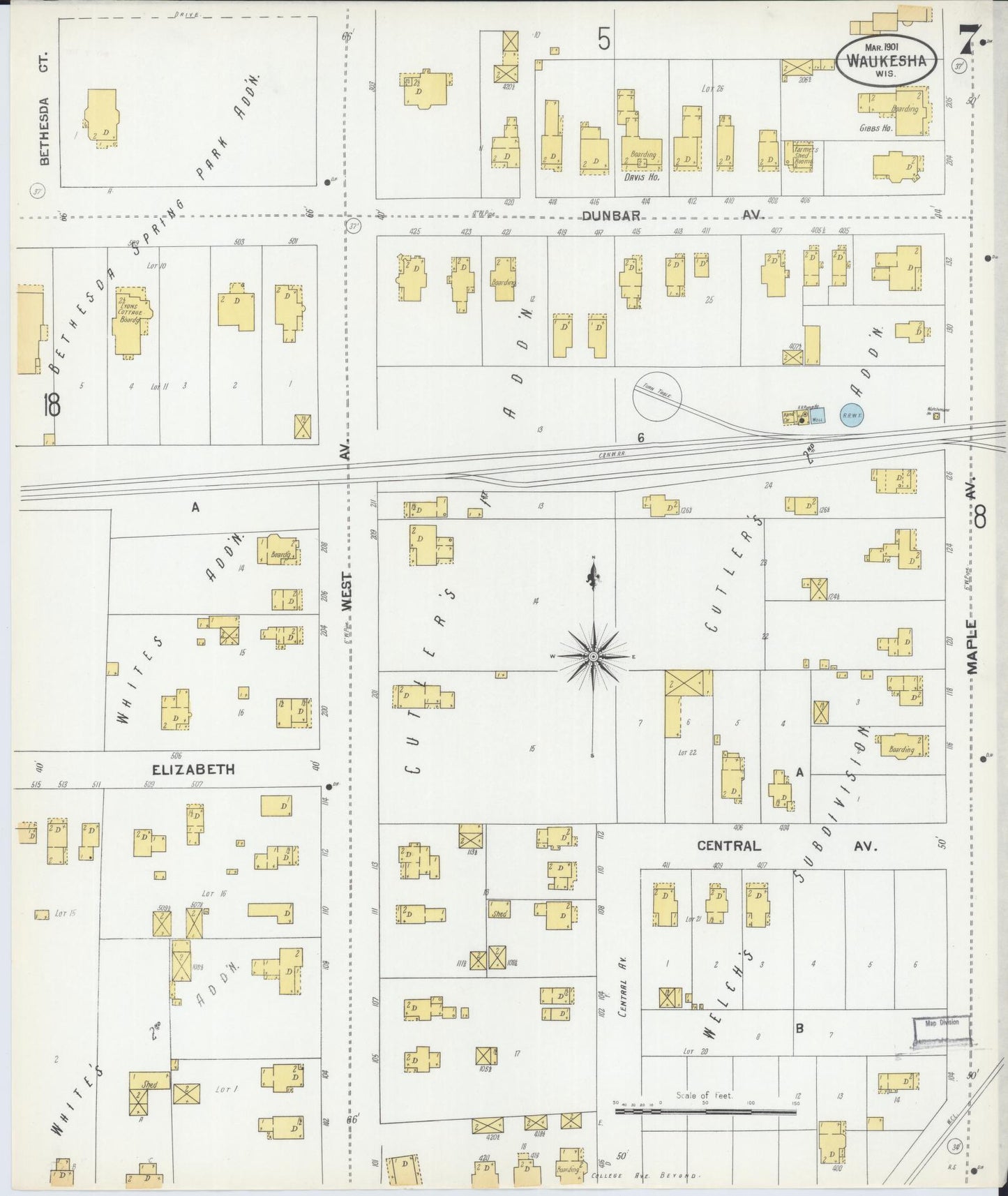 Sanborn Fire Insurance Map from Waukesha, Waukesha County, Wisconsin (1901), Sheet #0007 - Complete Map Set gallery image, historic Sanborn map, vintage wall art, Wisconsin Wisconsin