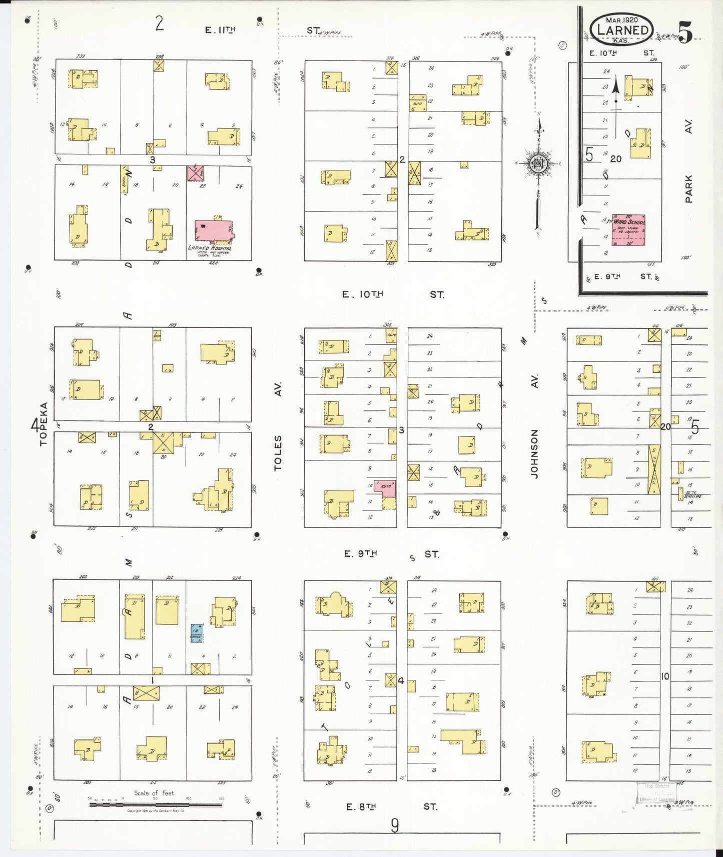 Sanborn Fire Insurance Map from Larned, Pawnee County, Kansas (1920), Sheet #0005 - Historic Sanborn Fire Insurance Map Print, vintage old map wall art, antique decor, genealogy gift, Kansas Kansas map