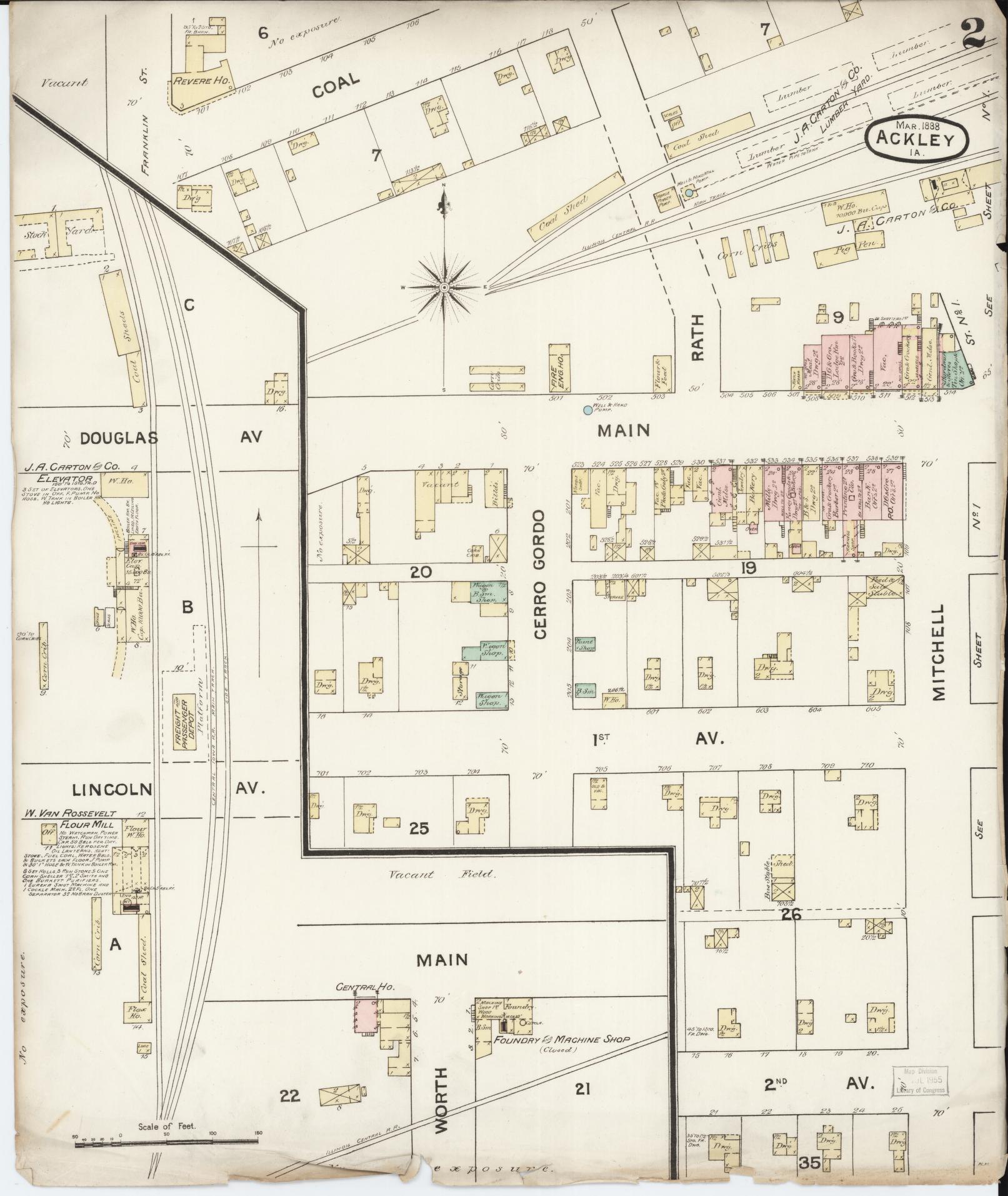 Sanborn Fire Insurance Map from Ackley, Hardin and Franklin Counties, Iowa (1888), Sheet #0002 - Historic Sanborn Fire Insurance Map Print, vintage old map wall art
