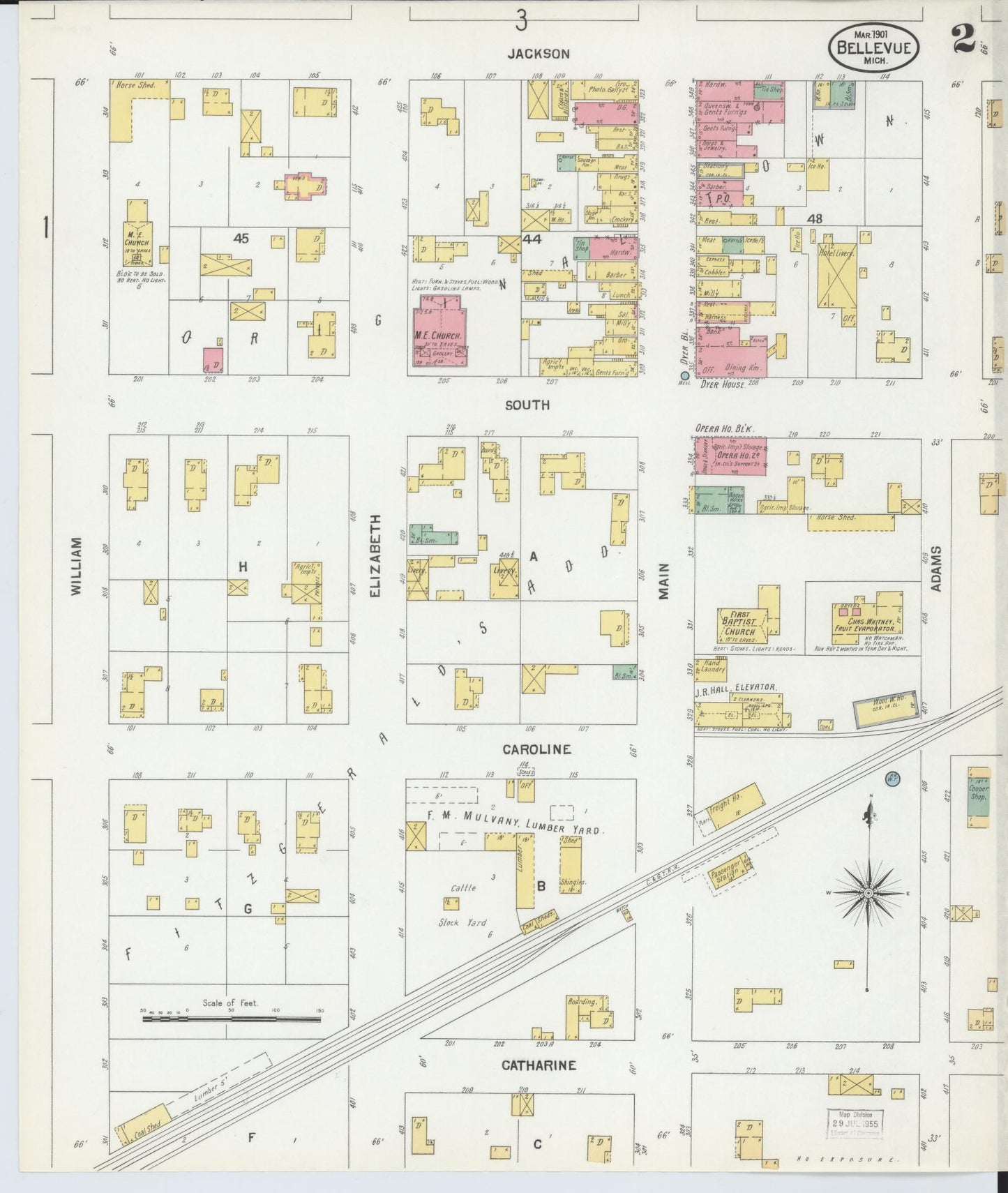 Sanborn Fire Insurance Map from Bellevue, Eaton County, Michigan (1901), Sheet #0002 - Historic Sanborn Fire Insurance Map Print, vintage old map wall art, antique decor, genealogy gift, Michigan Michigan map